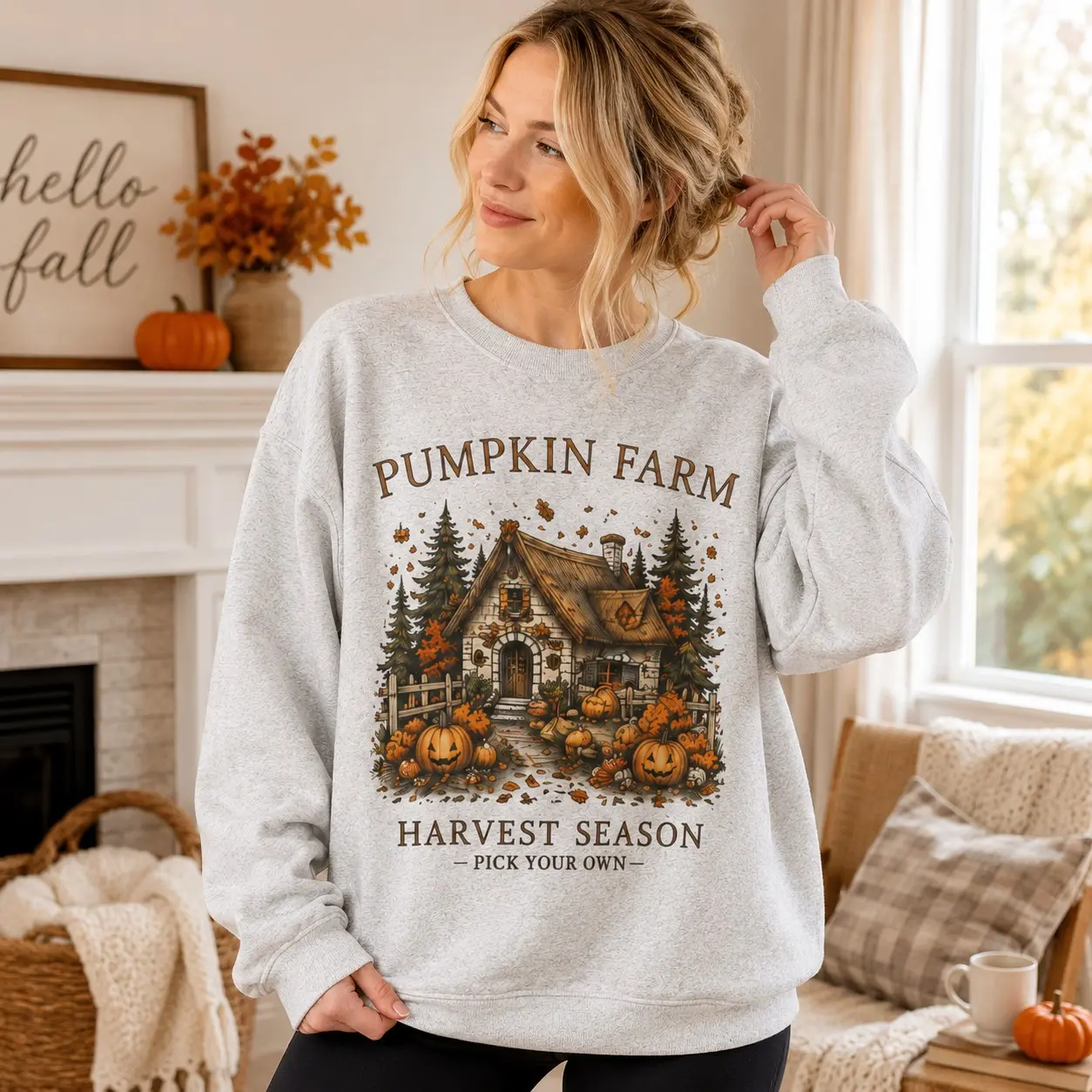 Pumpkin Farm Patch Unisex Crewneck Sweatshirt, Vintage Fall Harvest Cottage Autumn Halloween Pullover - photo 2