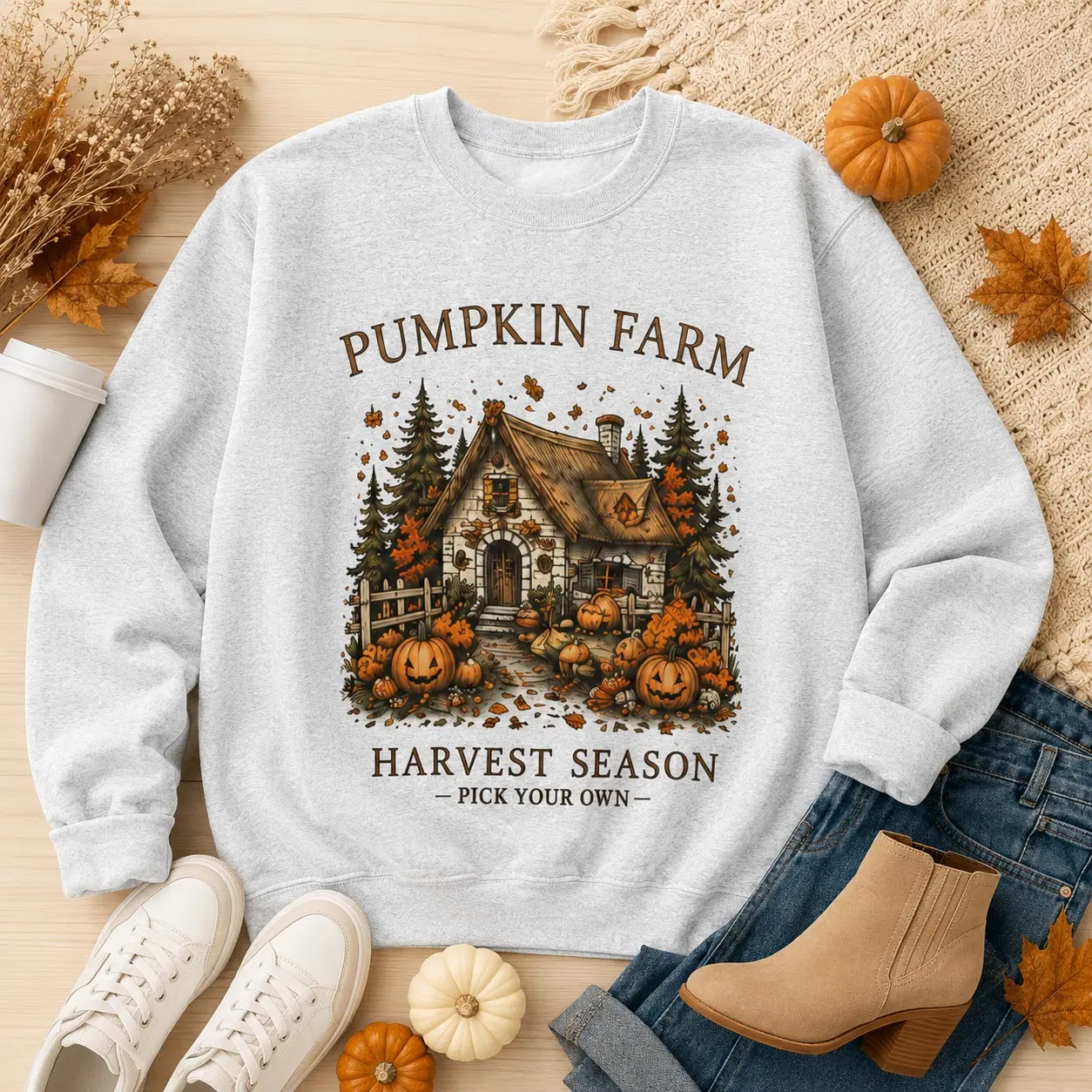Pumpkin Farm Patch Unisex Crewneck Sweatshirt, Vintage Fall Harvest Cottage Autumn Halloween Pullover - photo 3
