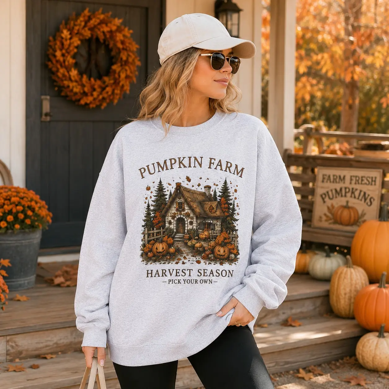 Pumpkin Farm Patch Unisex Crewneck Sweatshirt, Vintage Fall Harvest Cottage Autumn Halloween Pullover - photo 4