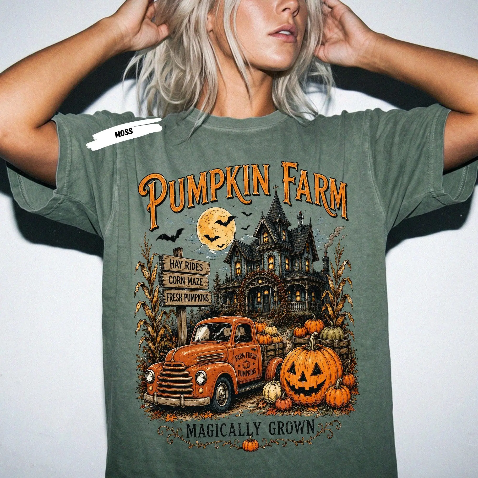 Pumpkin Farm Vintage Truck Halloween Shirt, Spooky Autumn Graphic Tee, Haunted House Tee