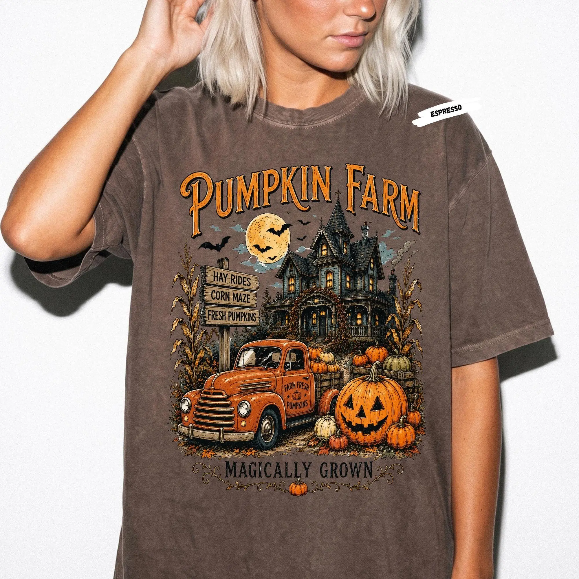 Pumpkin Farm Vintage Truck Halloween Shirt, Spooky Autumn Graphic Tee, Haunted House Tee - photo 2