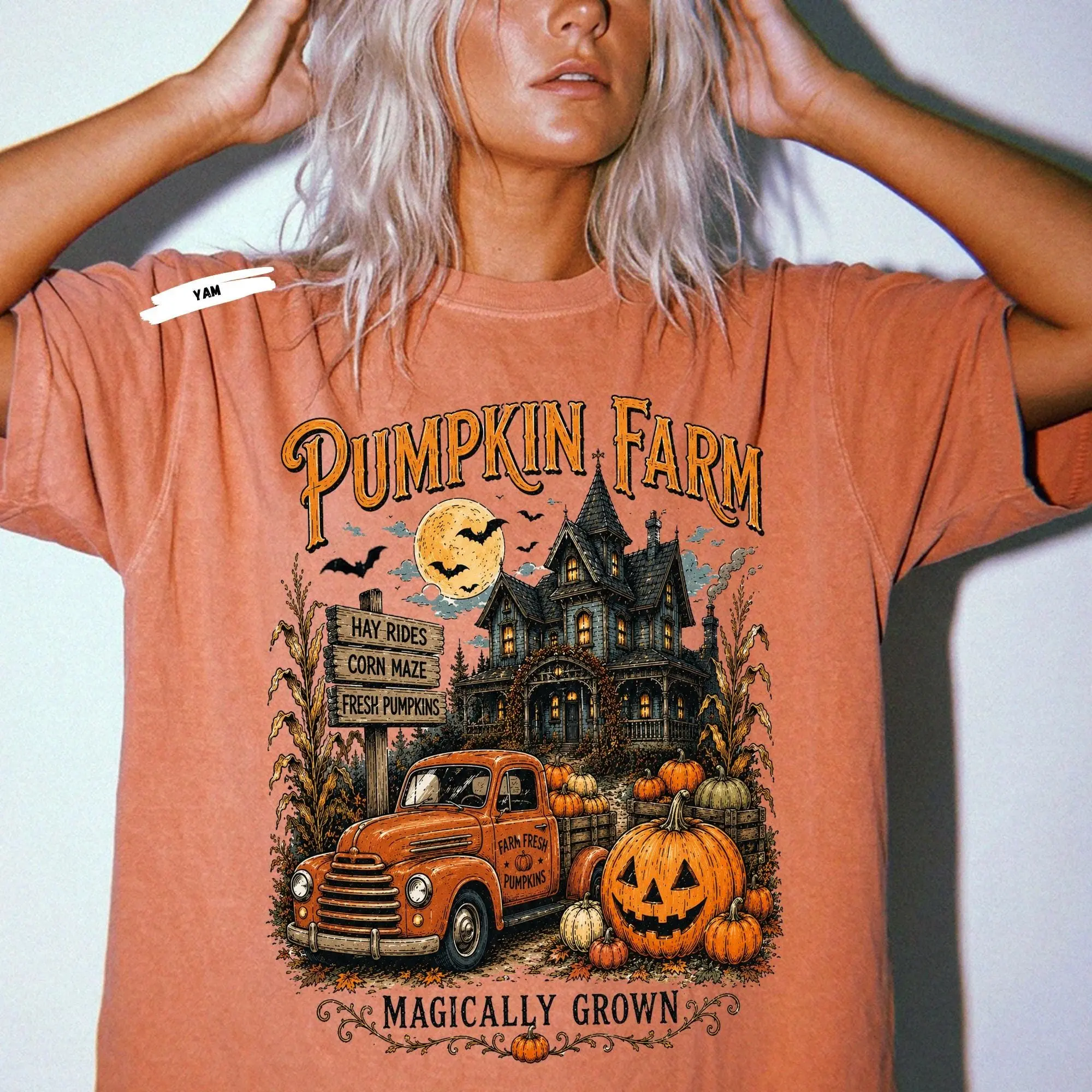 Pumpkin Farm Vintage Truck Halloween Shirt, Spooky Autumn Graphic Tee, Haunted House Tee - photo 3