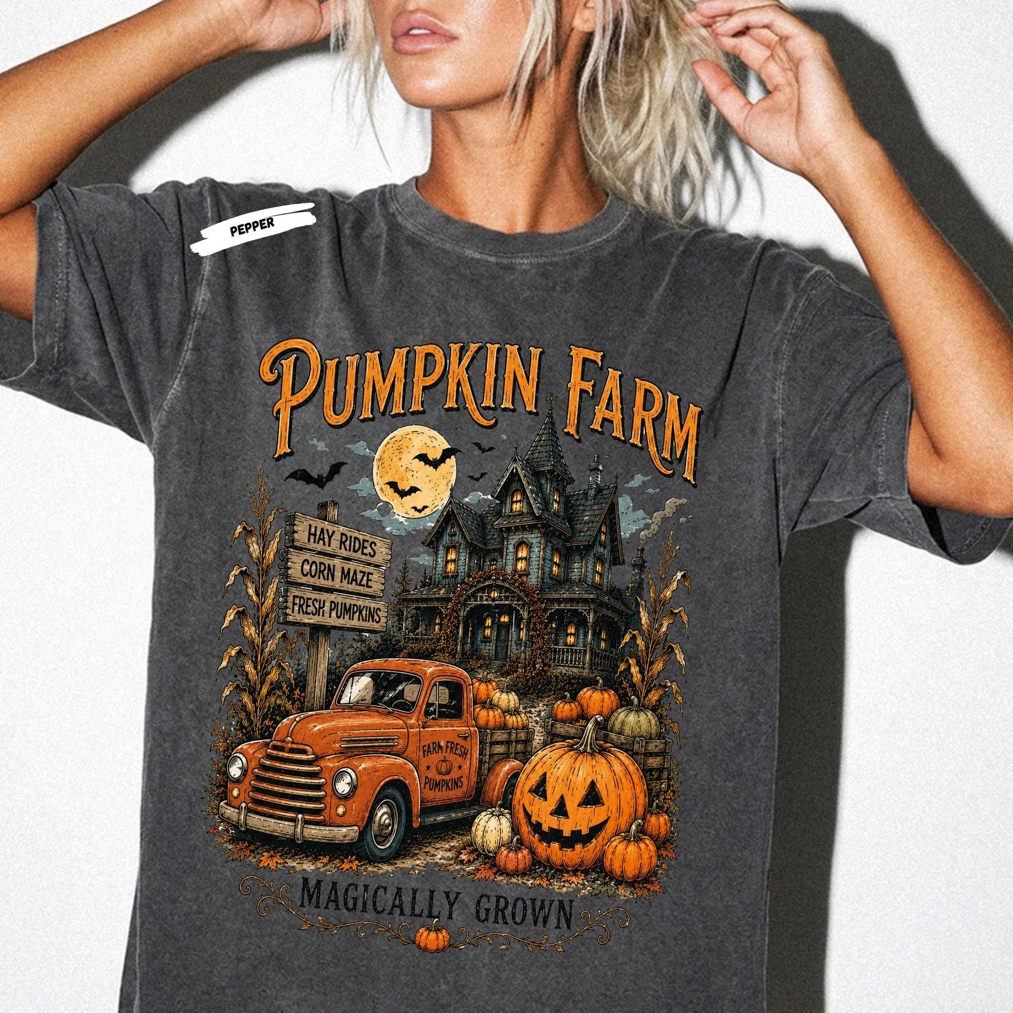 Pumpkin Farm Vintage Truck Halloween Shirt, Spooky Autumn Graphic Tee, Haunted House Tee - photo 5