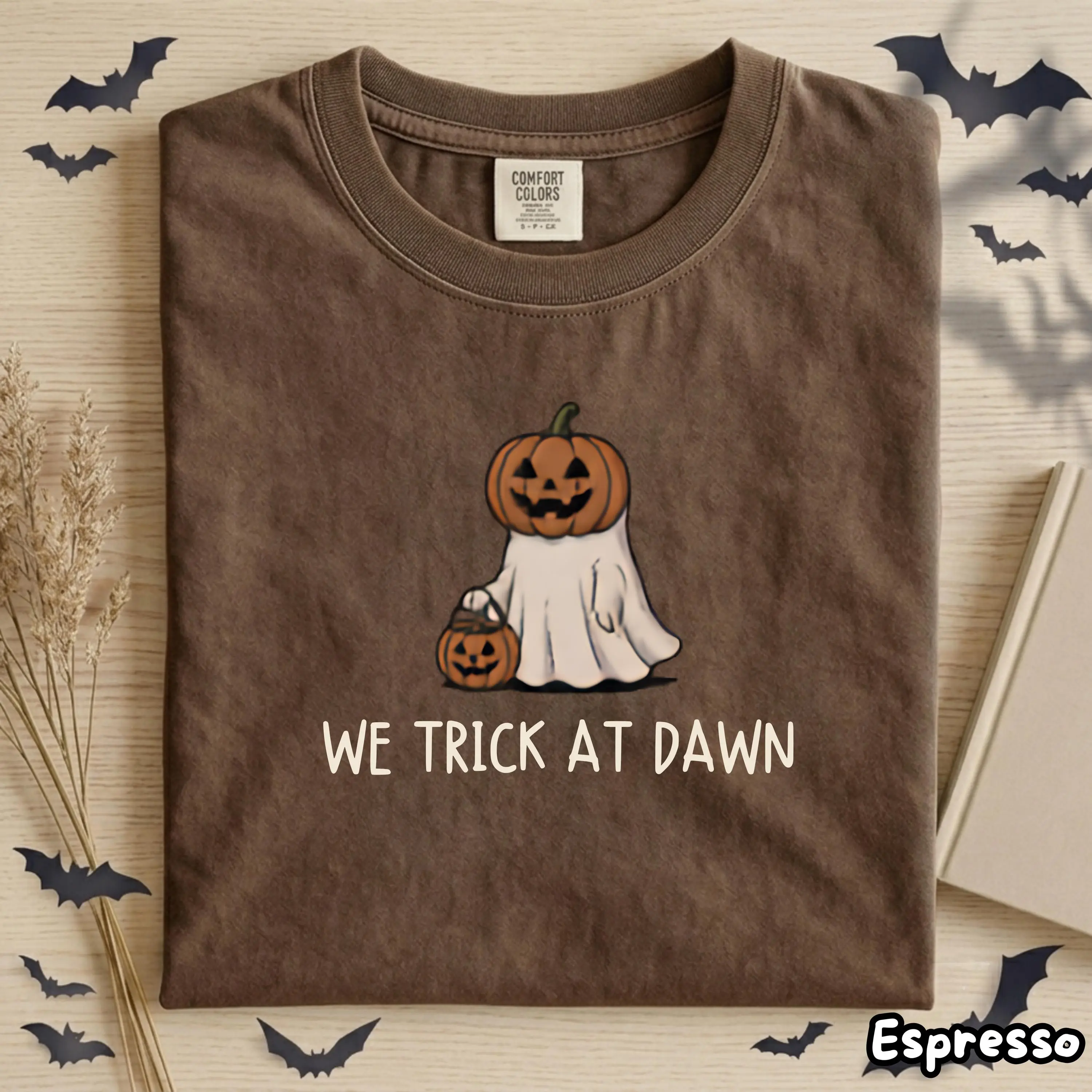 Pumpkin Ghost We Trick At Dawn Comfort Colors T-Shirt, Halloween Treat Tee, Funny Meme Cute Spooky Fall Autumn Graphic Top