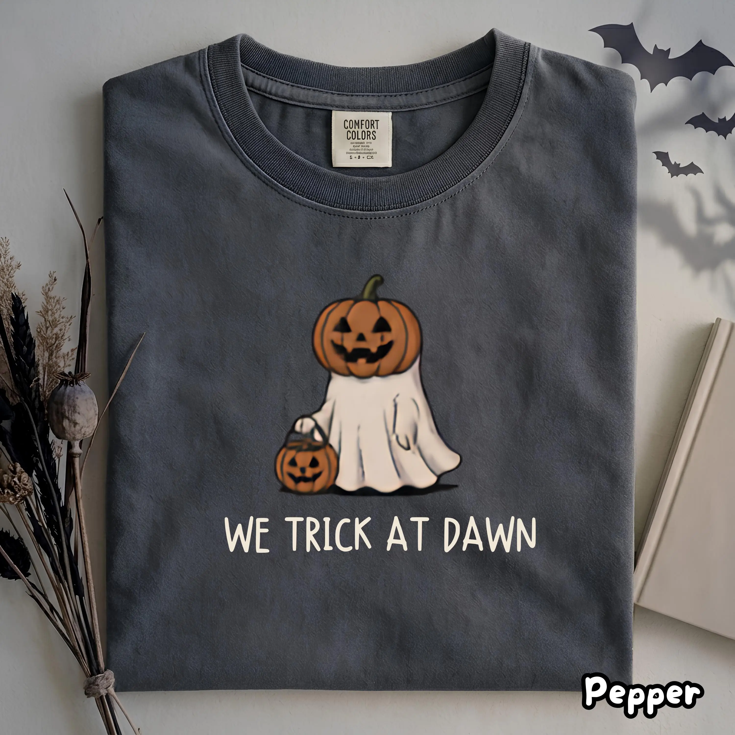 Pumpkin Ghost We Trick At Dawn Comfort Colors T-Shirt, Halloween Treat Tee, Funny Meme Cute Spooky Fall Autumn Graphic Top - photo 2