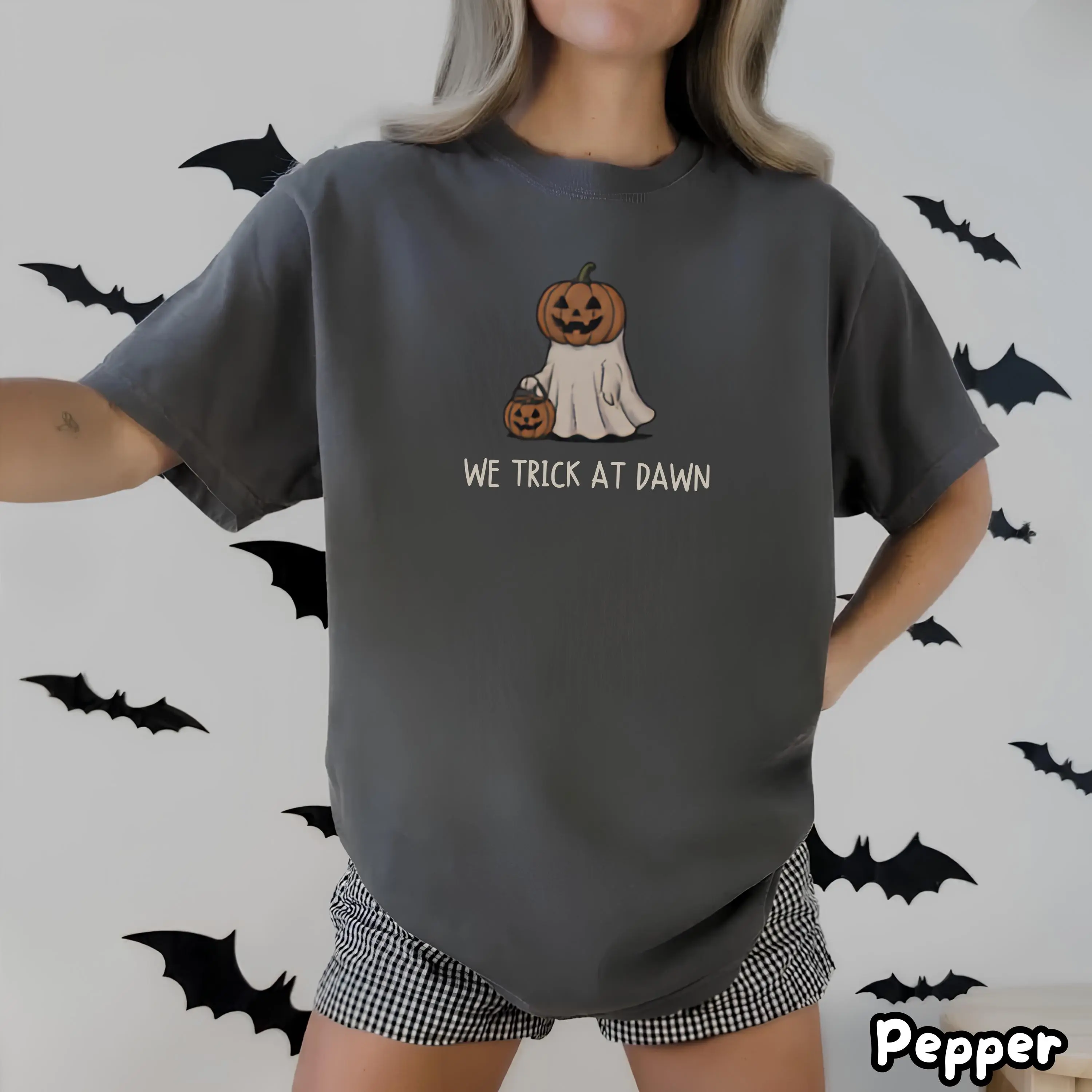 Pumpkin Ghost We Trick At Dawn Comfort Colors T-Shirt, Halloween Treat Tee, Funny Meme Cute Spooky Fall Autumn Graphic Top - photo 3