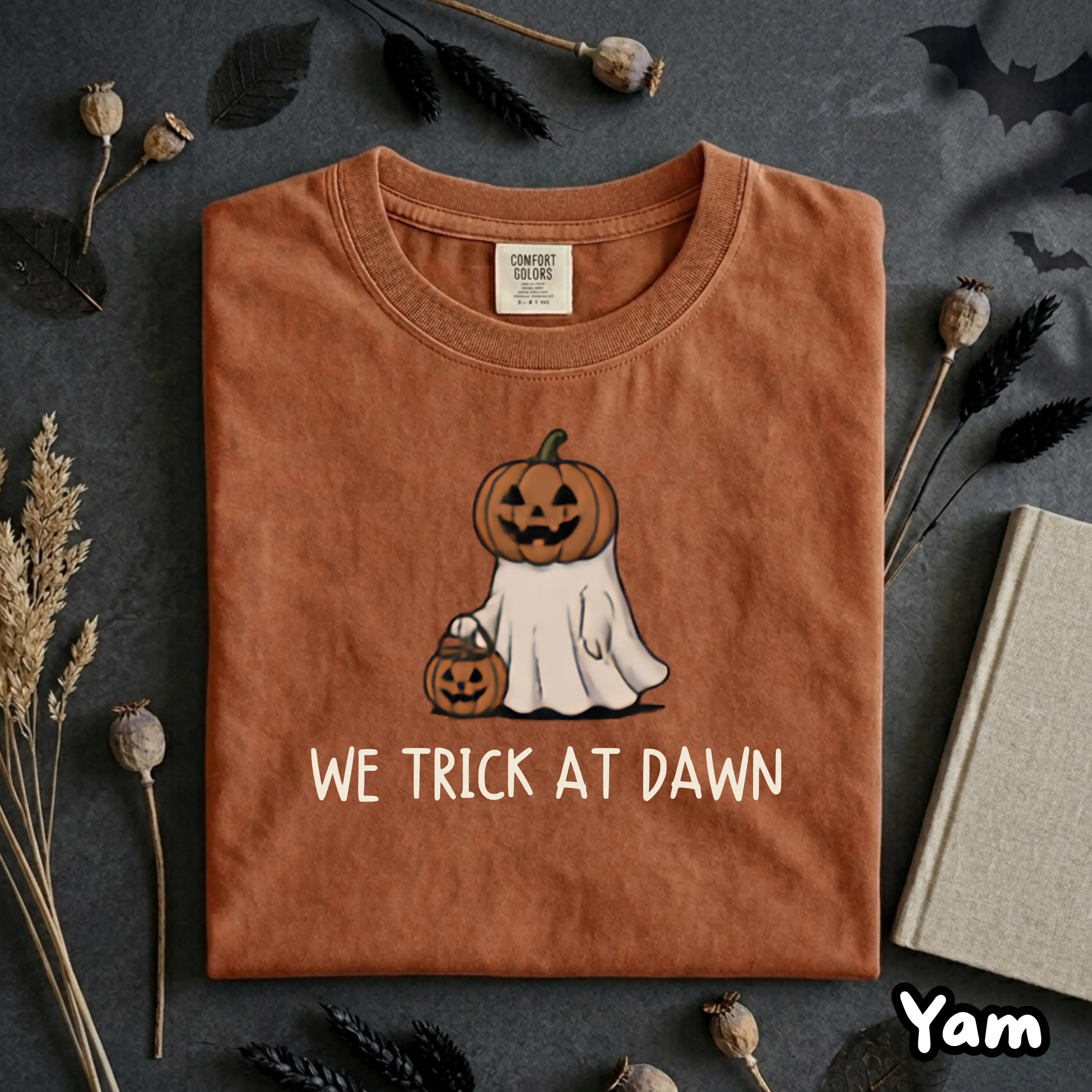 Pumpkin Ghost We Trick At Dawn Comfort Colors T-Shirt, Halloween Treat Tee, Funny Meme Cute Spooky Fall Autumn Graphic Top - photo 4