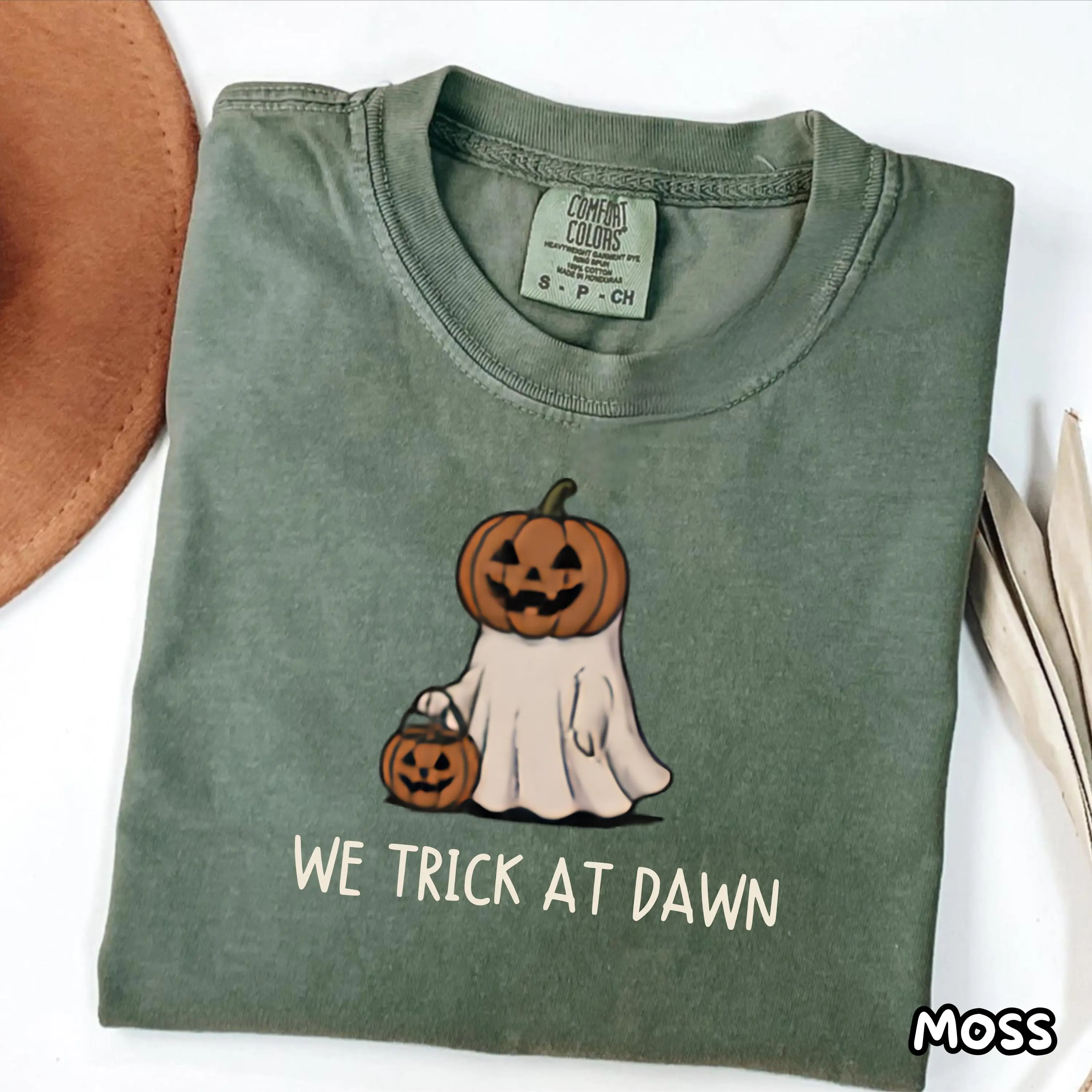 Pumpkin Ghost We Trick At Dawn Comfort Colors T-Shirt, Halloween Treat Tee, Funny Meme Cute Spooky Fall Autumn Graphic Top - photo 5