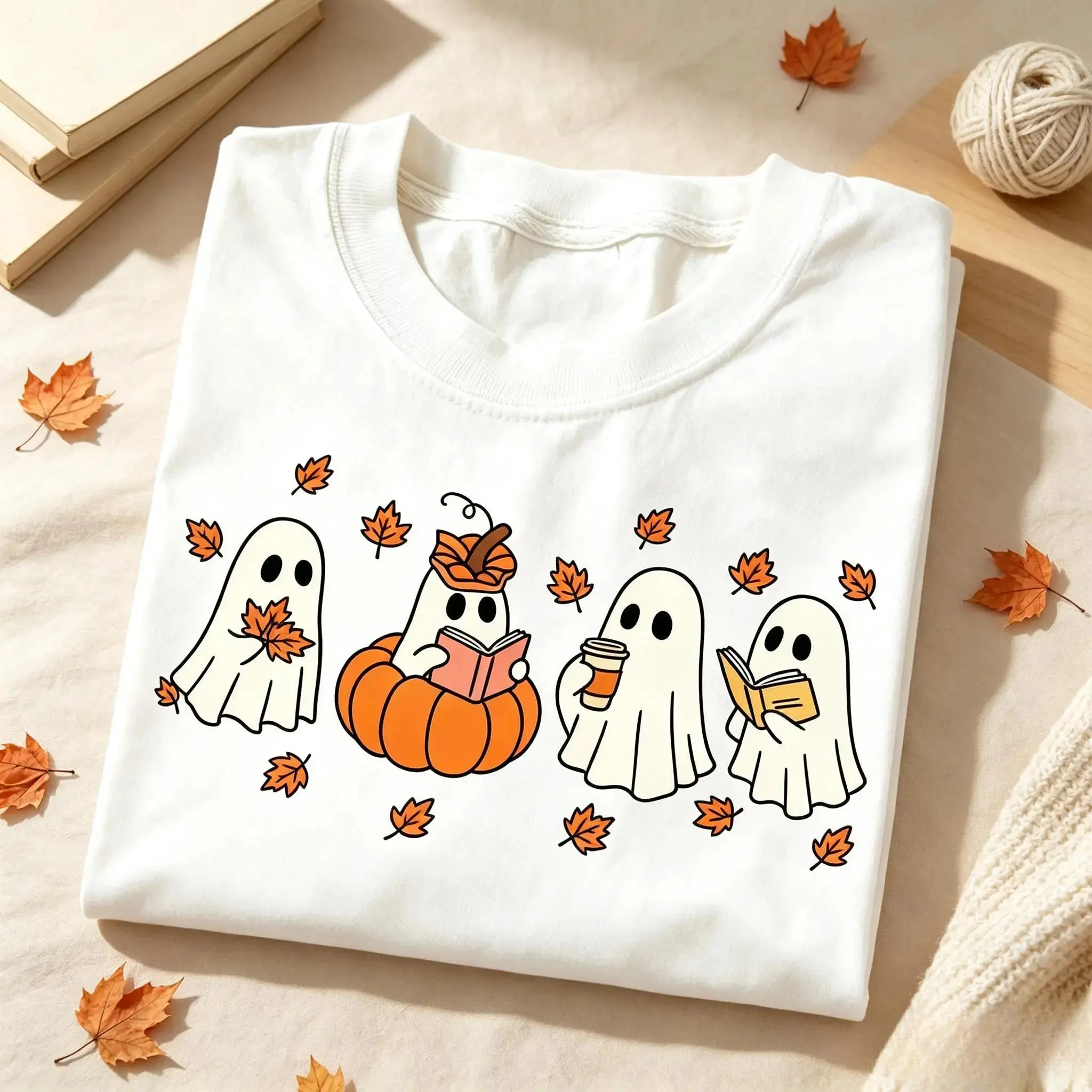 Pumpkin Ghosts Reading Book Shirt, Womens Halloween Lover Spooky Season Fall Vibes Cute Autumn Graphic Tee