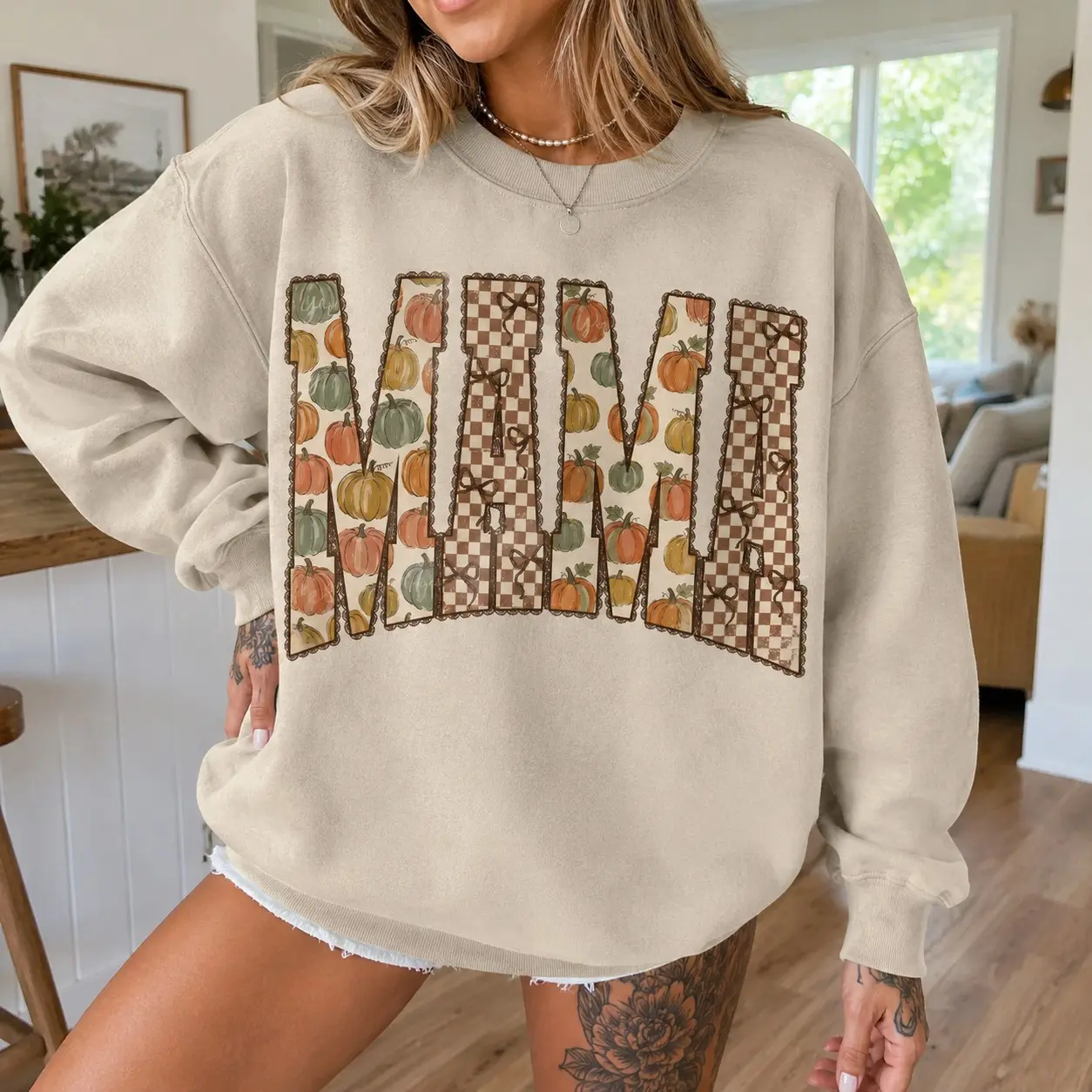 Pumpkin Mama Hoodie, Checkered Retro Mom Life Pullover, Trendy Cozy Autumn Fall Graphic - photo 5