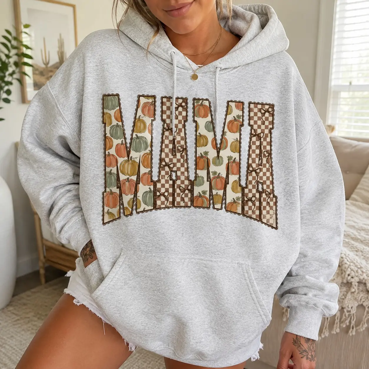 Pumpkin Mama Sweatshirt, Checkered Retro Mom Life Crewneck, Trendy Autumn Fall Pullover - photo 4