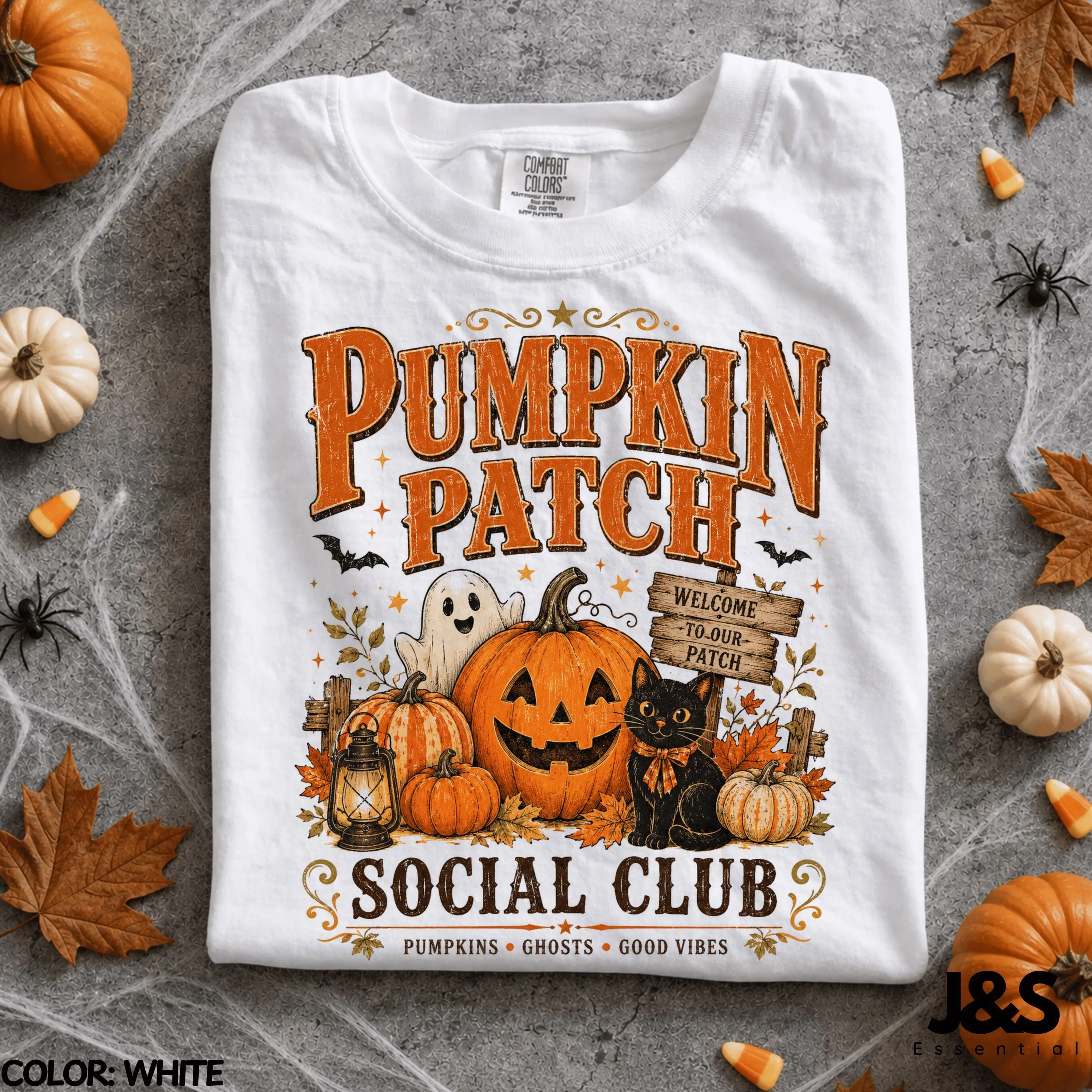 Pumpkin Patch Social Club Halloween Shirt, Cute Ghost Black Cat Vintage Fall Tee, Cozy Spooky Season Gift - photo 2