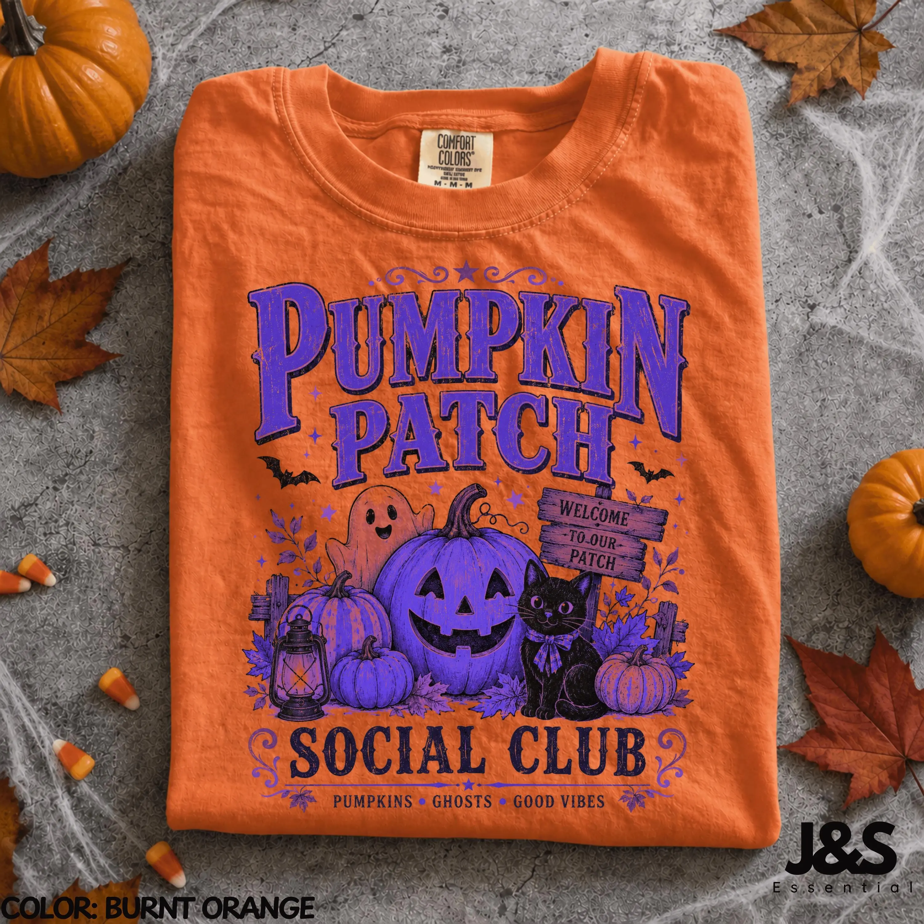 Pumpkin Patch Social Club Halloween Shirt, Cute Ghost Black Cat Vintage Fall Tee, Cozy Spooky Season Gift - photo 3