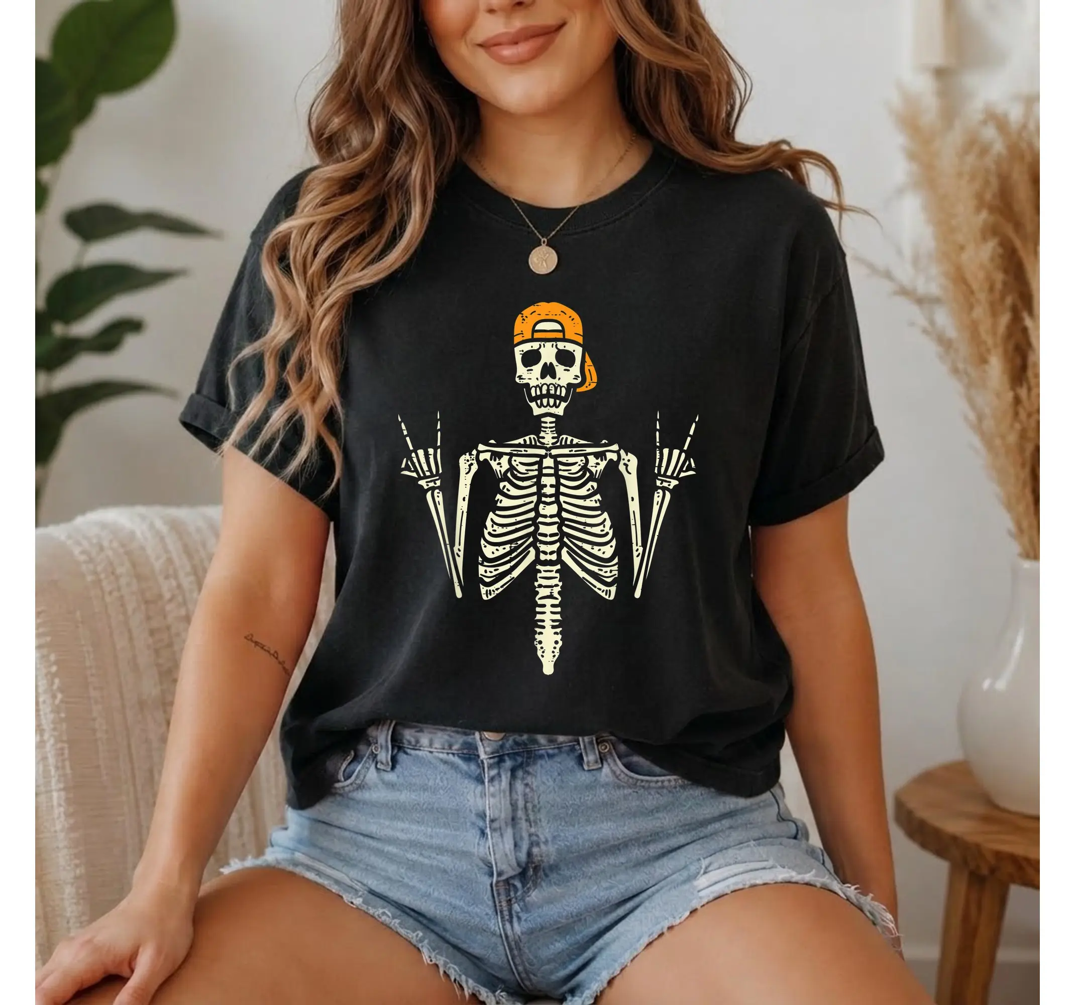 Punk Skeleton Skater Tee, Edgy Skull Halloween Graphic T-Shirt for Men and Boys