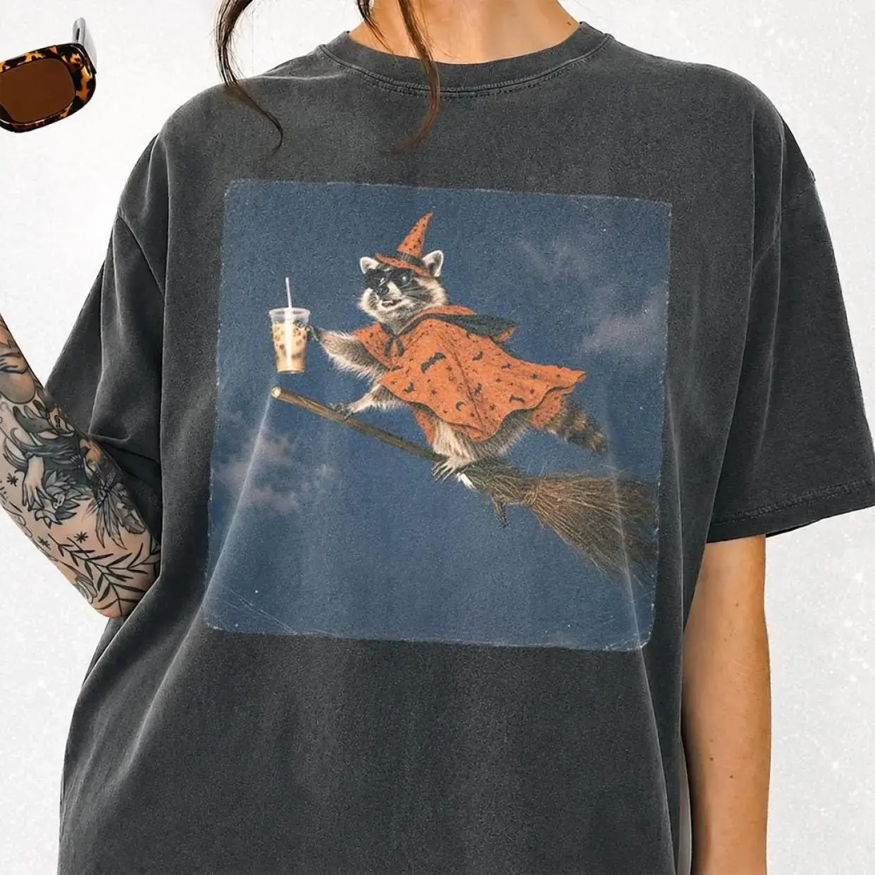 Cute Raccoon Halloween Shirt for Women, Iced Coffee Witch Trash Panda Funny Meme Spooky Season Fall Tee