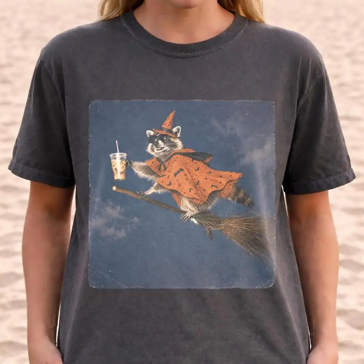 Cute Raccoon Halloween Shirt for Women, Iced Coffee Witch Trash Panda Funny Meme Spooky Season Fall Tee - photo 3