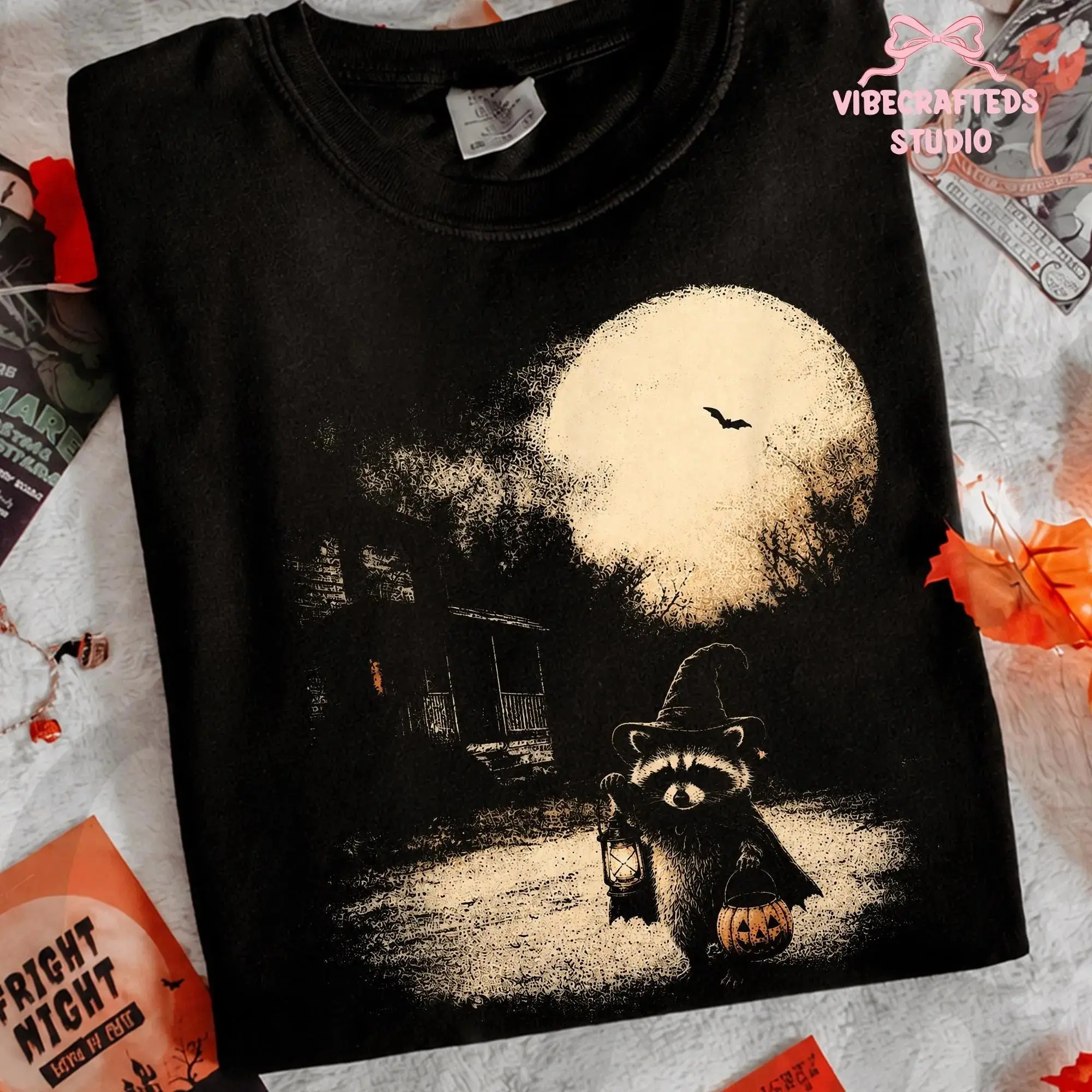 Raccoon Holding Pumpkin Lantern Moonlight Unisex Shirt, Halloween Witch Spooky Fall Graphic Tee