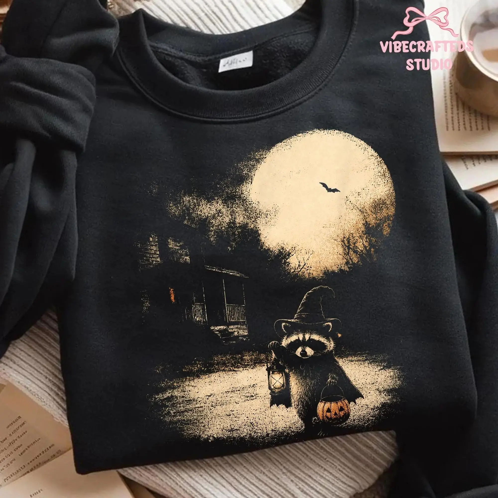 Raccoon Holding Pumpkin Lantern Moonlight Unisex Shirt, Halloween Witch Spooky Fall Graphic Tee - photo 2