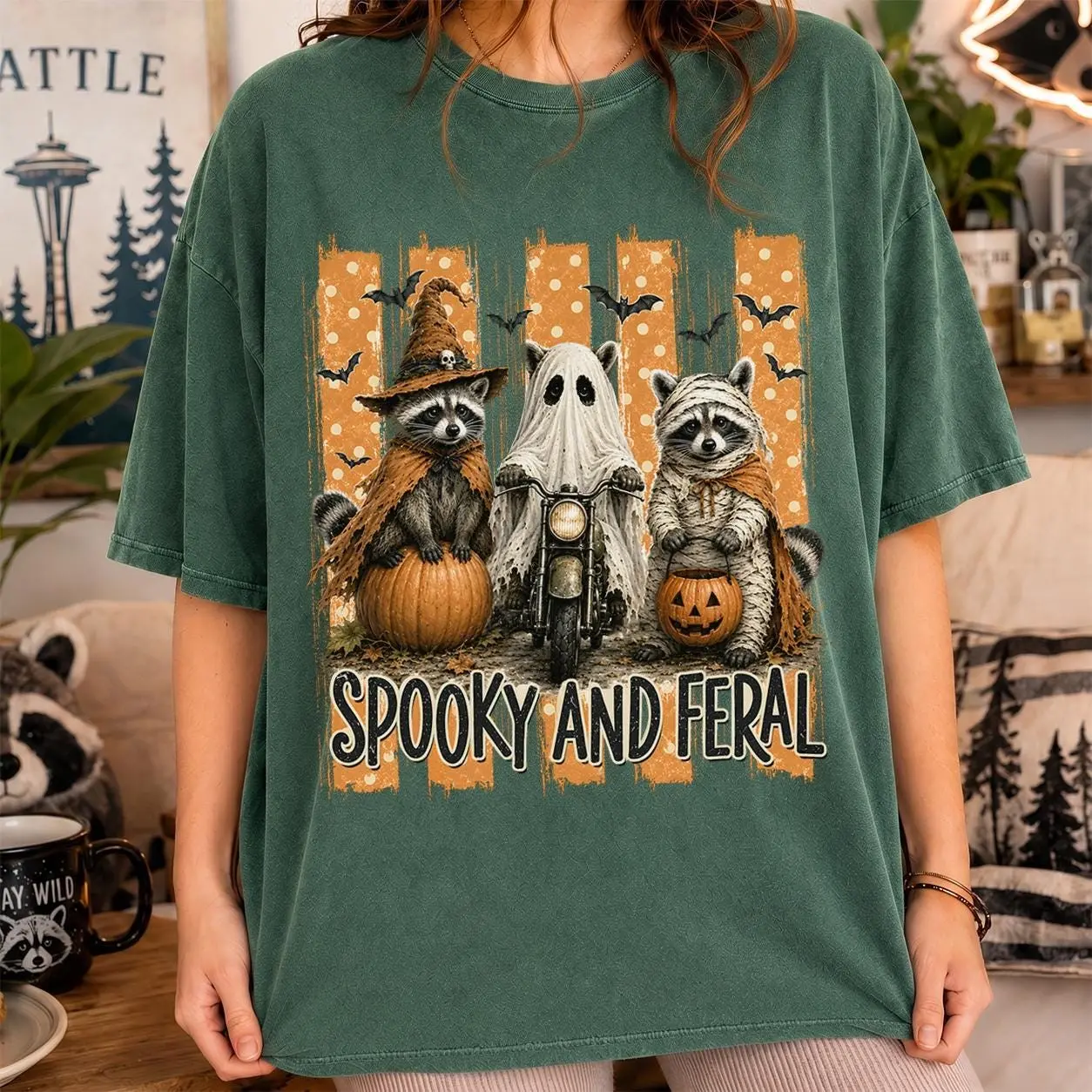 Comfort Colors Raccoon Witch Ghost Biker Mummy Shirt, Spooky Feral Halloween Skull Bats Funny Cute Costume Gift