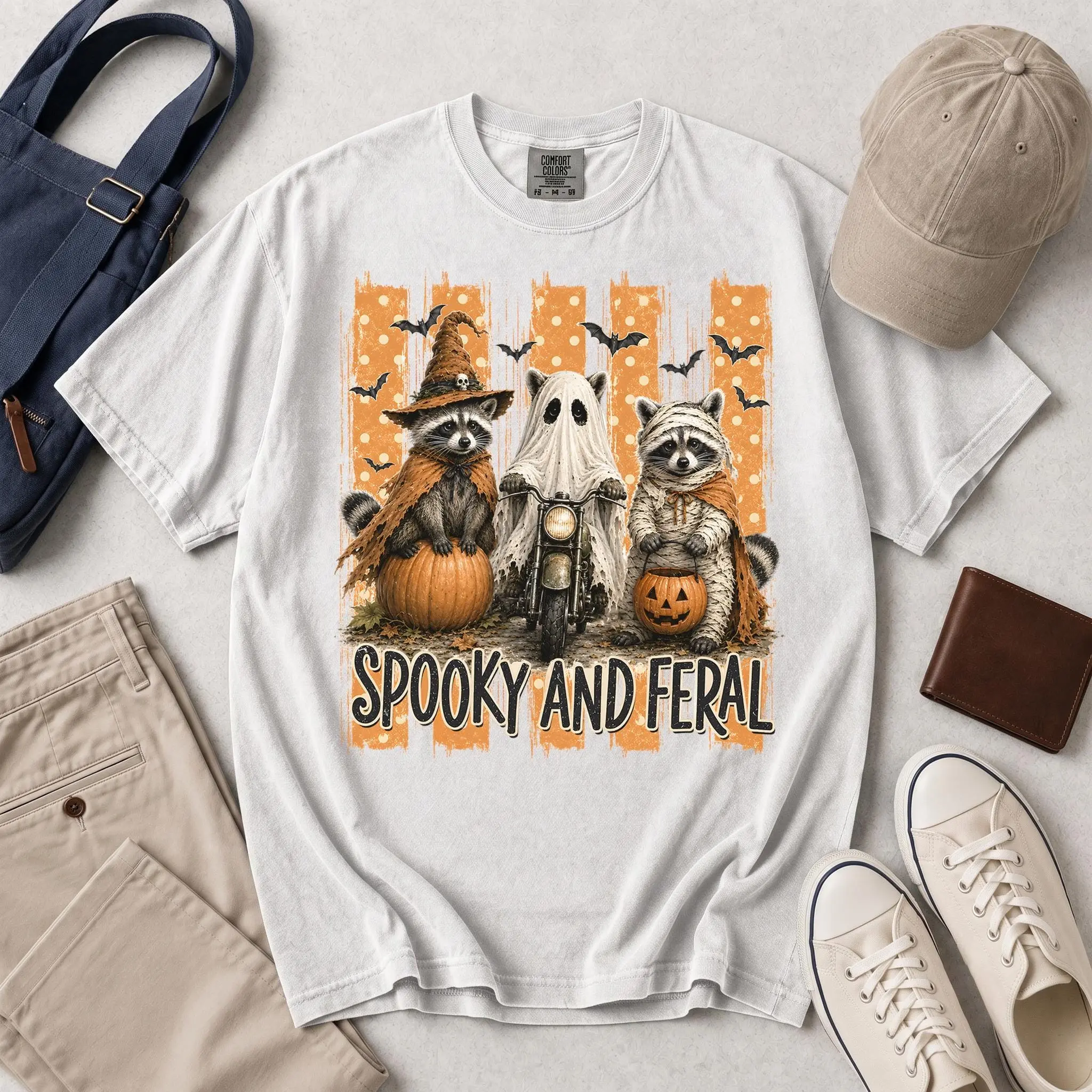 Comfort Colors Raccoon Witch Ghost Biker Mummy Shirt, Spooky Feral Halloween Skull Bats Funny Cute Costume Gift - photo 2
