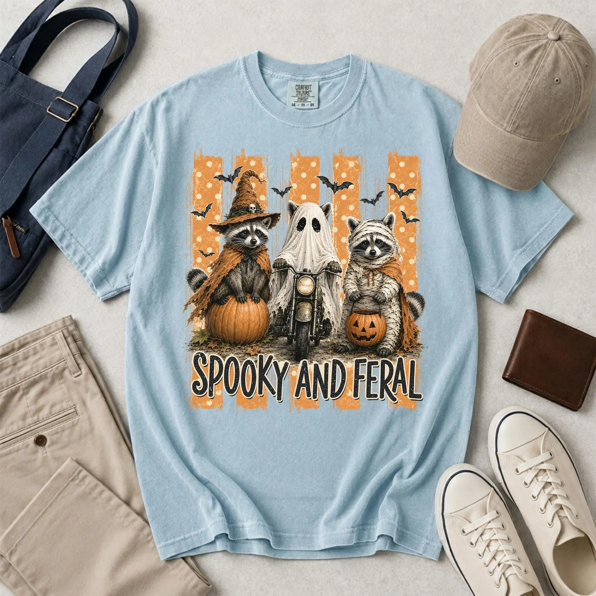 Comfort Colors Raccoon Witch Ghost Biker Mummy Shirt, Spooky Feral Halloween Skull Bats Funny Cute Costume Gift - photo 3