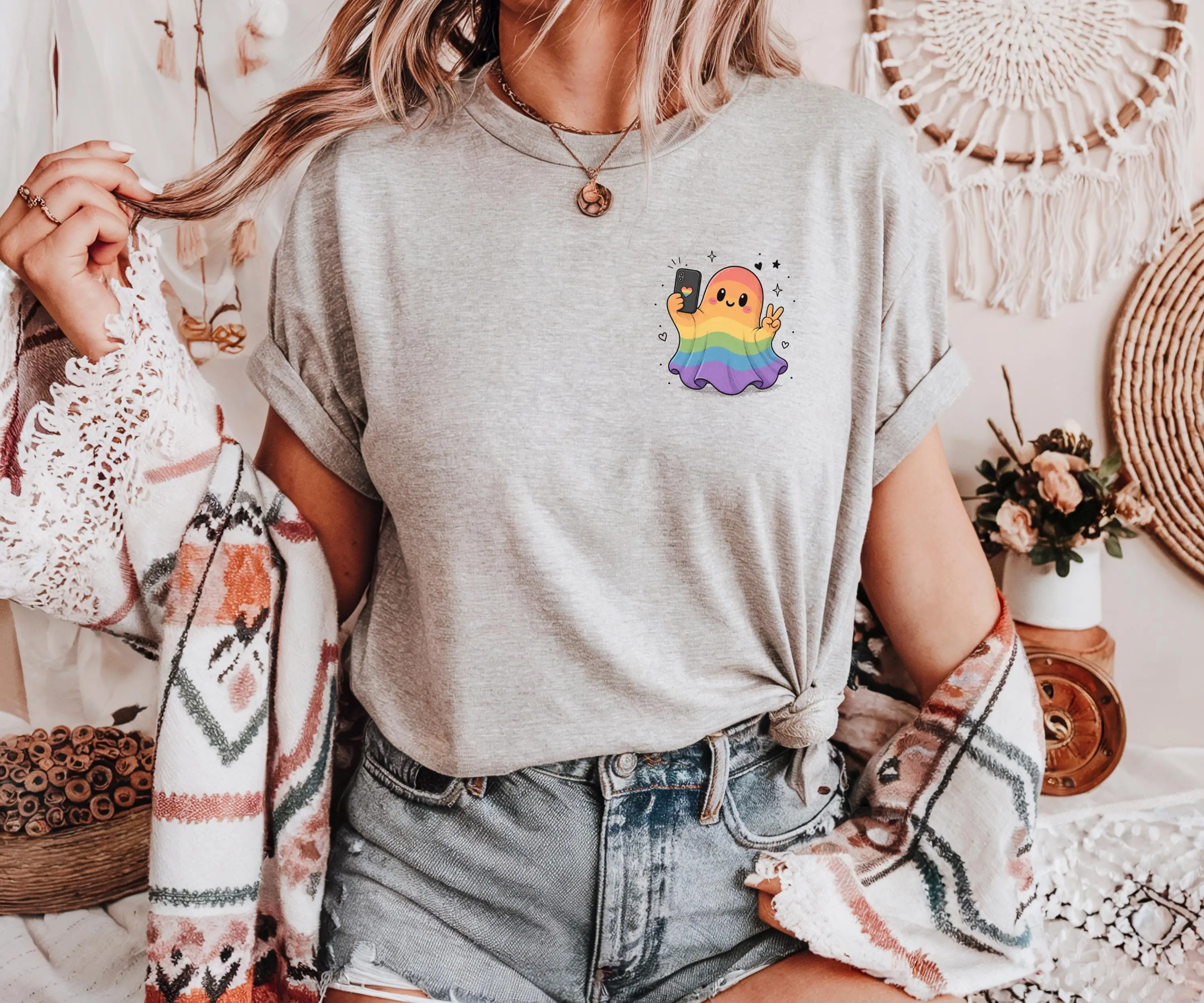 Rainbow Ghost Selfie Pride Shirt, LGBTQ Halloween Tee - photo 4