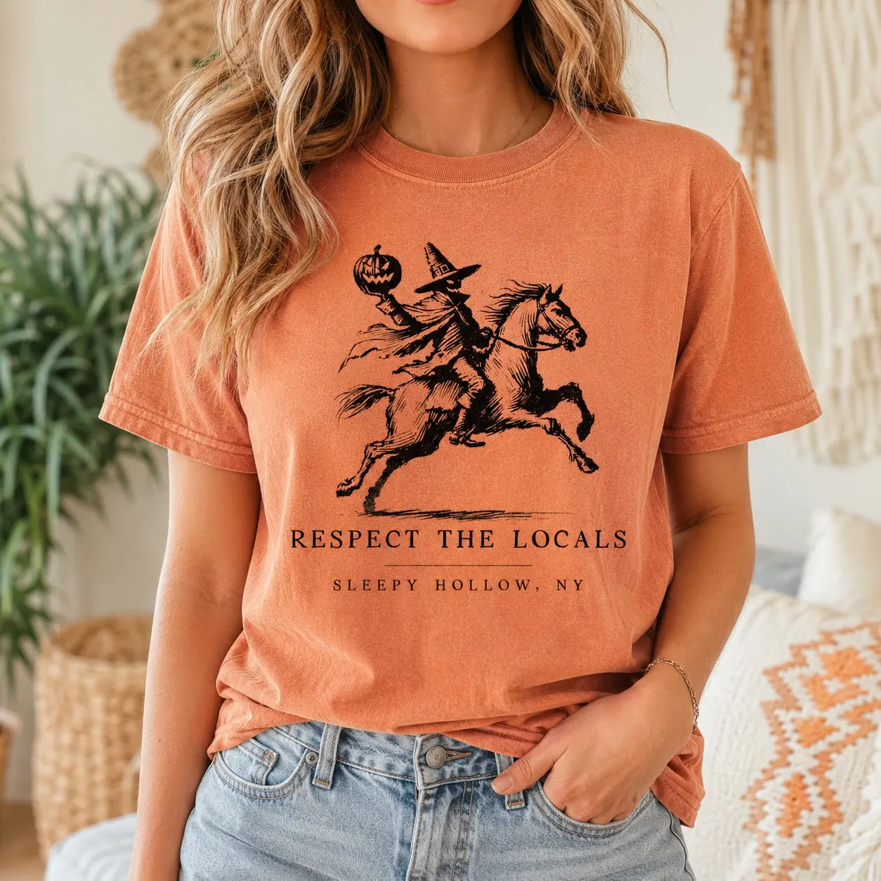 Respect the Locals Sleepy Hollow NY Shirt, Comfort Colors Headless Horseman Graphic Tee, Vintage Halloween Pumpkin Rider Top