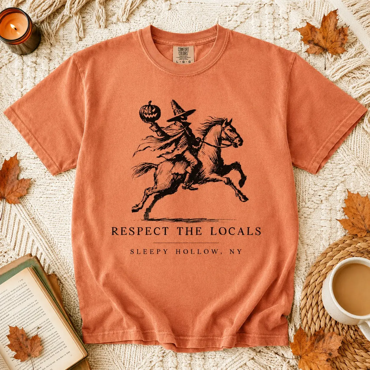 Respect the Locals Sleepy Hollow NY Shirt, Comfort Colors Headless Horseman Graphic Tee, Vintage Halloween Pumpkin Rider Top - photo 2