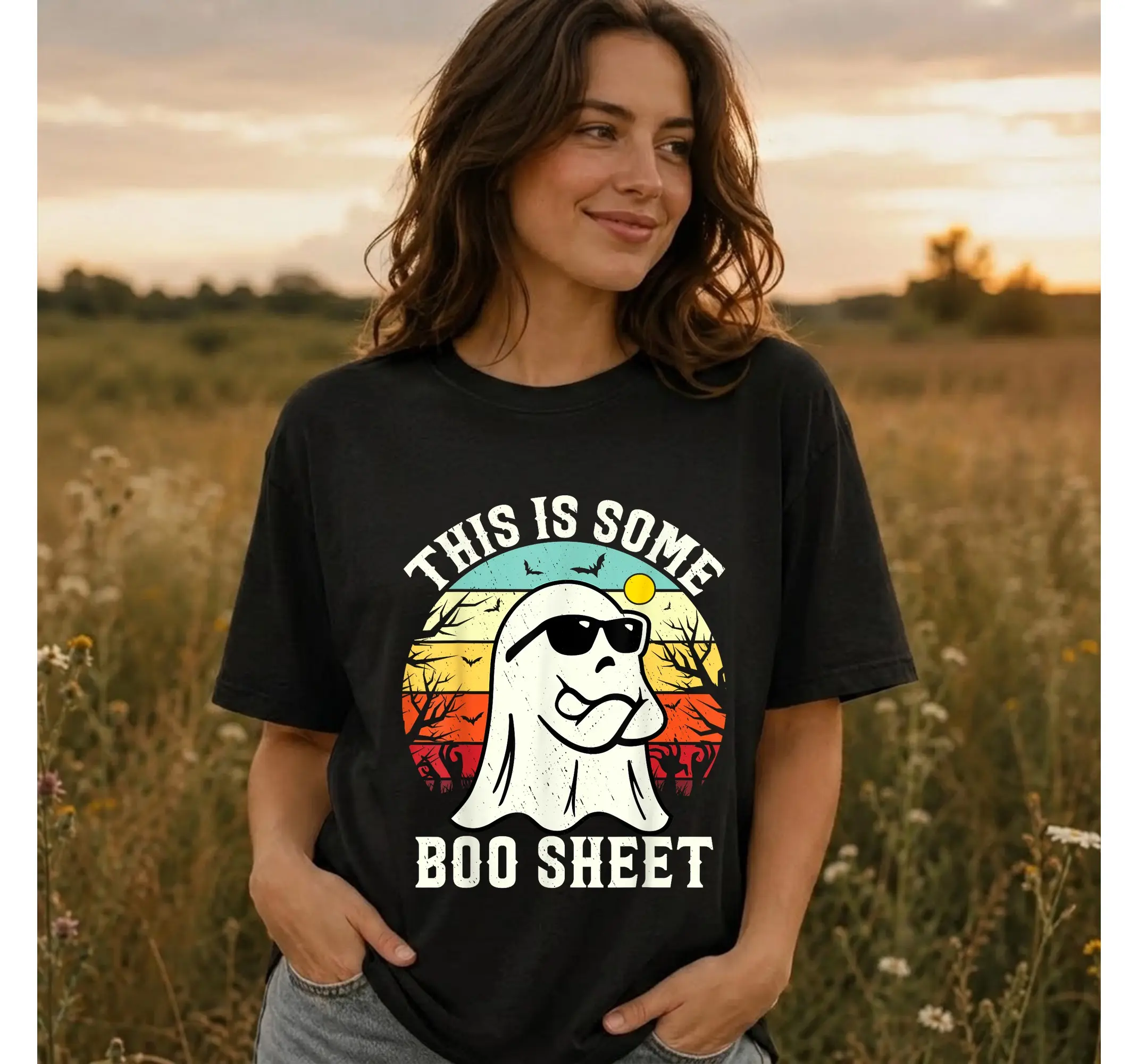 Retro Boo Sheet Ghost Shirt, Funny Vintage Halloween Spooky Graphic Tee - photo 2