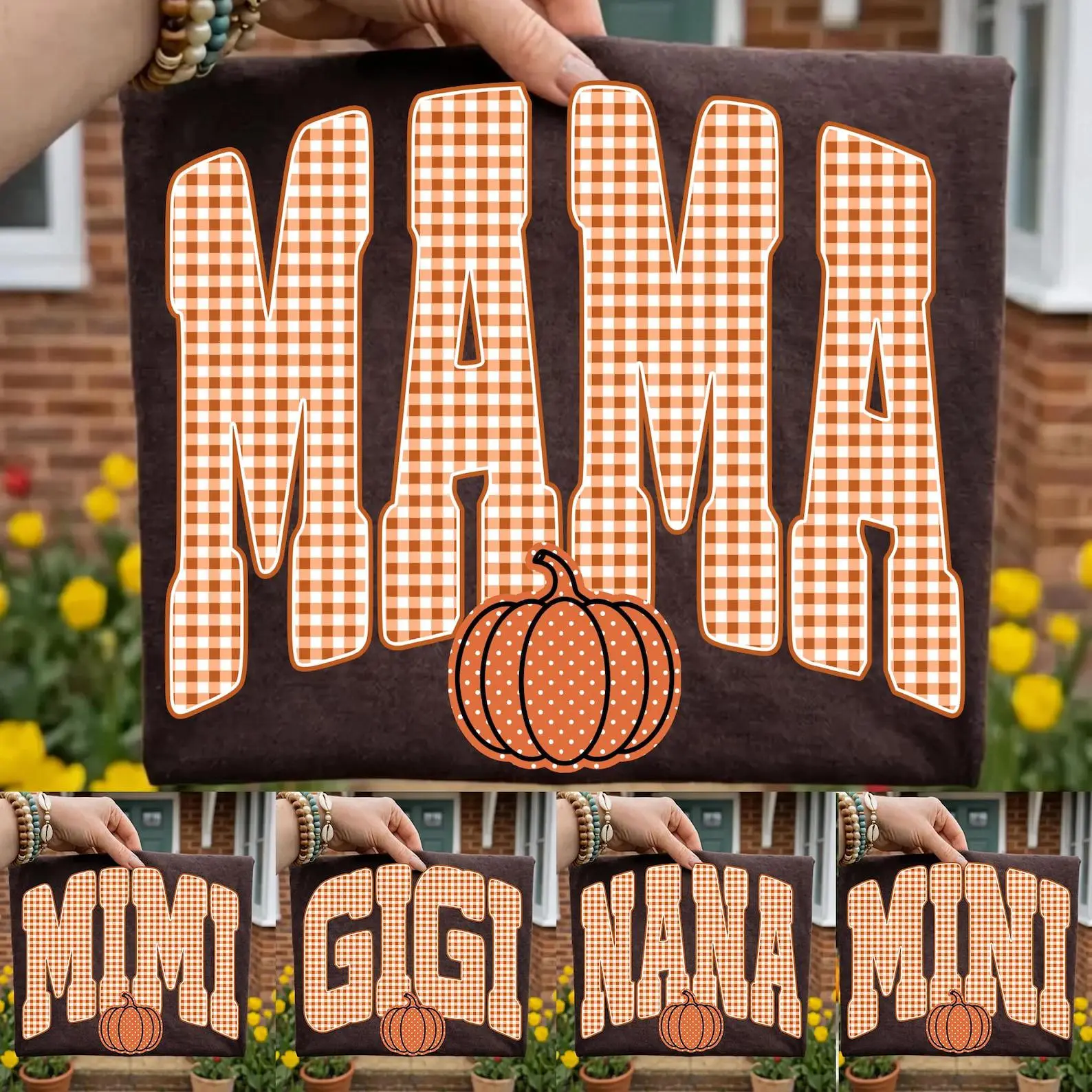 Retro Comfort Colors Fall Mama Nana Gigi Mimi Mini Shirt Bundle, Orange Gingham Pumpkin Season Family Tee