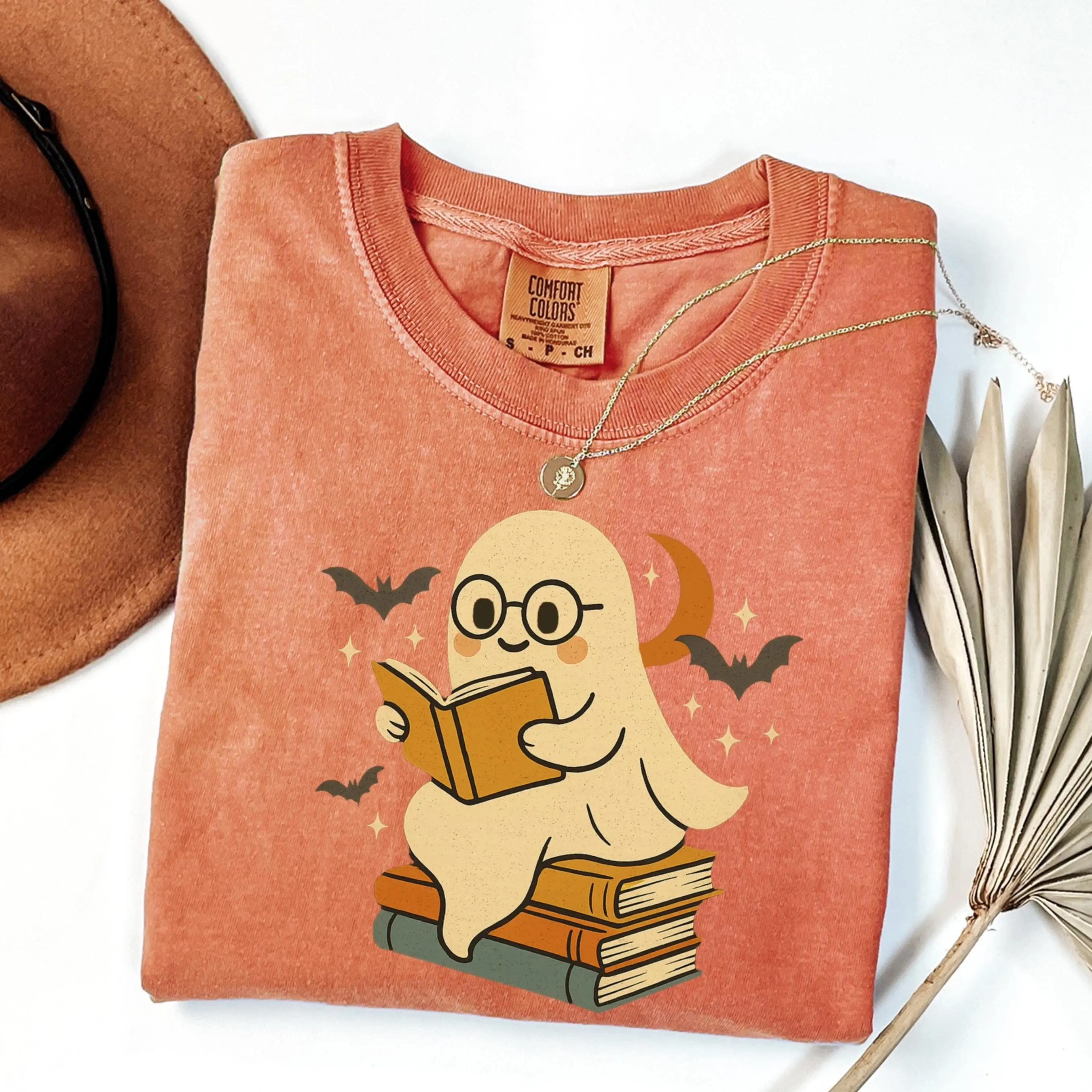 Comfort Colors Retro Ghost Reading Books Shirt, Halloween Teacher Librarian Boo School Gift Tee
