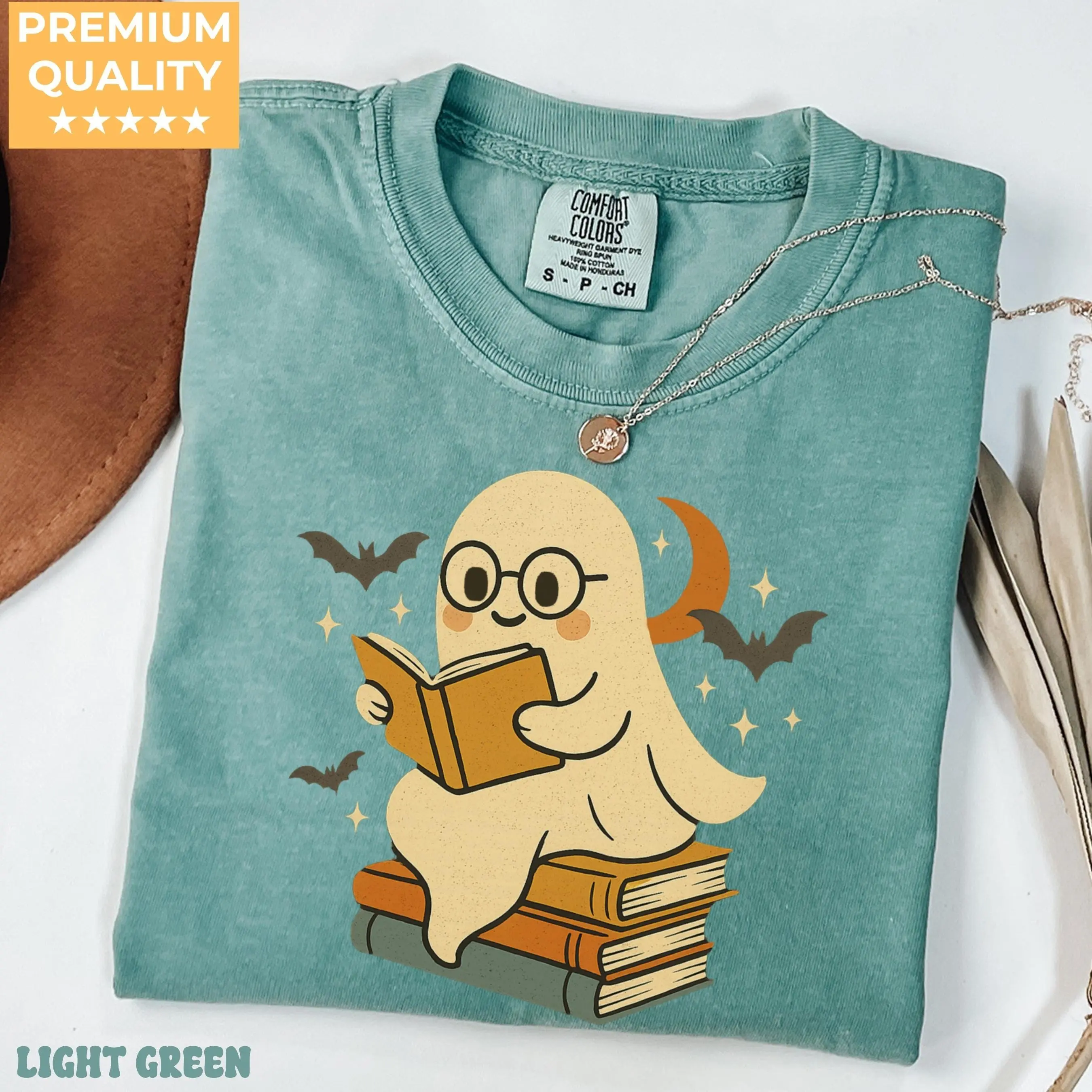 Comfort Colors Retro Ghost Reading Books Shirt, Halloween Teacher Librarian Boo School Gift Tee - photo 2