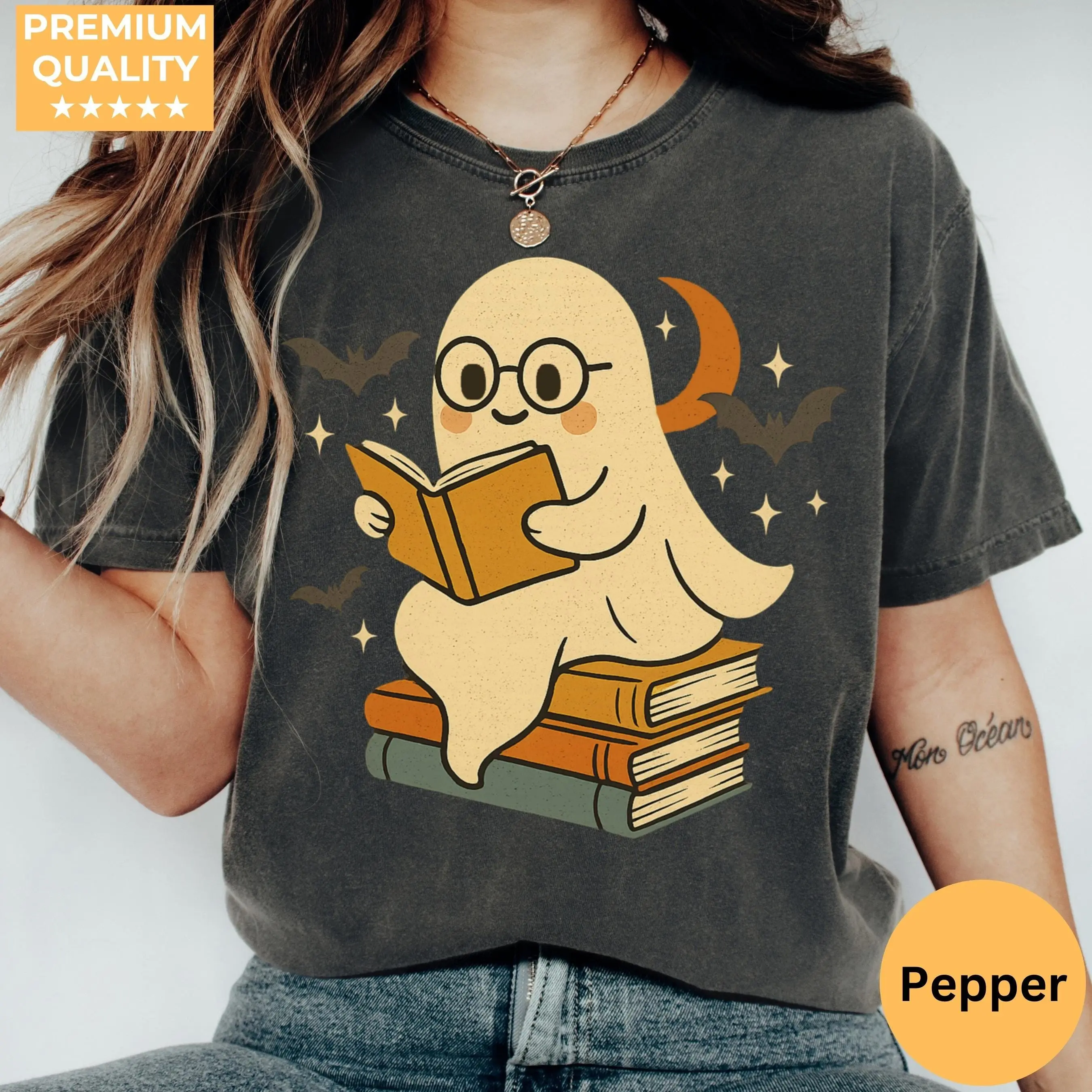 Comfort Colors Retro Ghost Reading Books Shirt, Halloween Teacher Librarian Boo School Gift Tee - photo 3