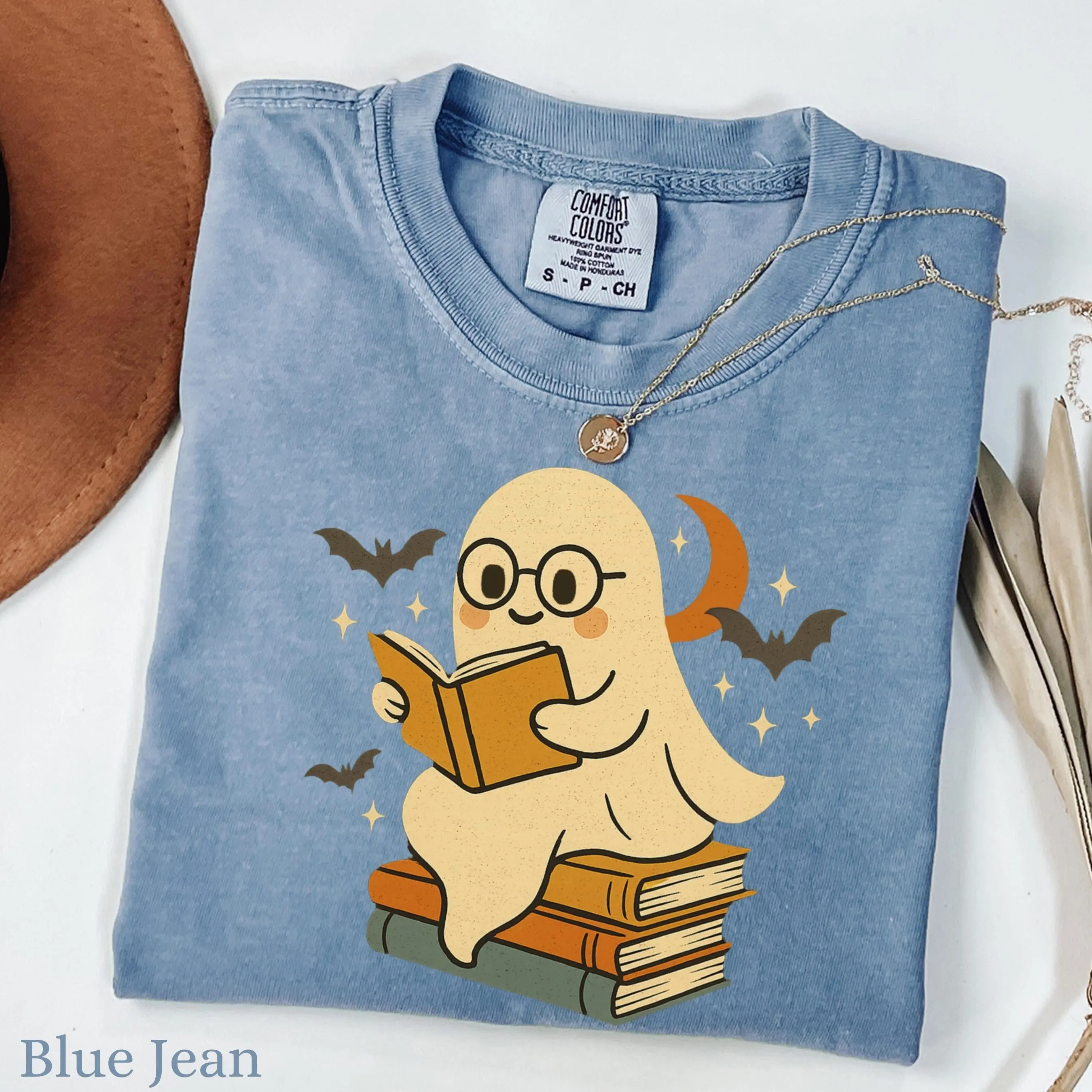 Comfort Colors Retro Ghost Reading Books Shirt, Halloween Teacher Librarian Boo School Gift Tee - photo 4