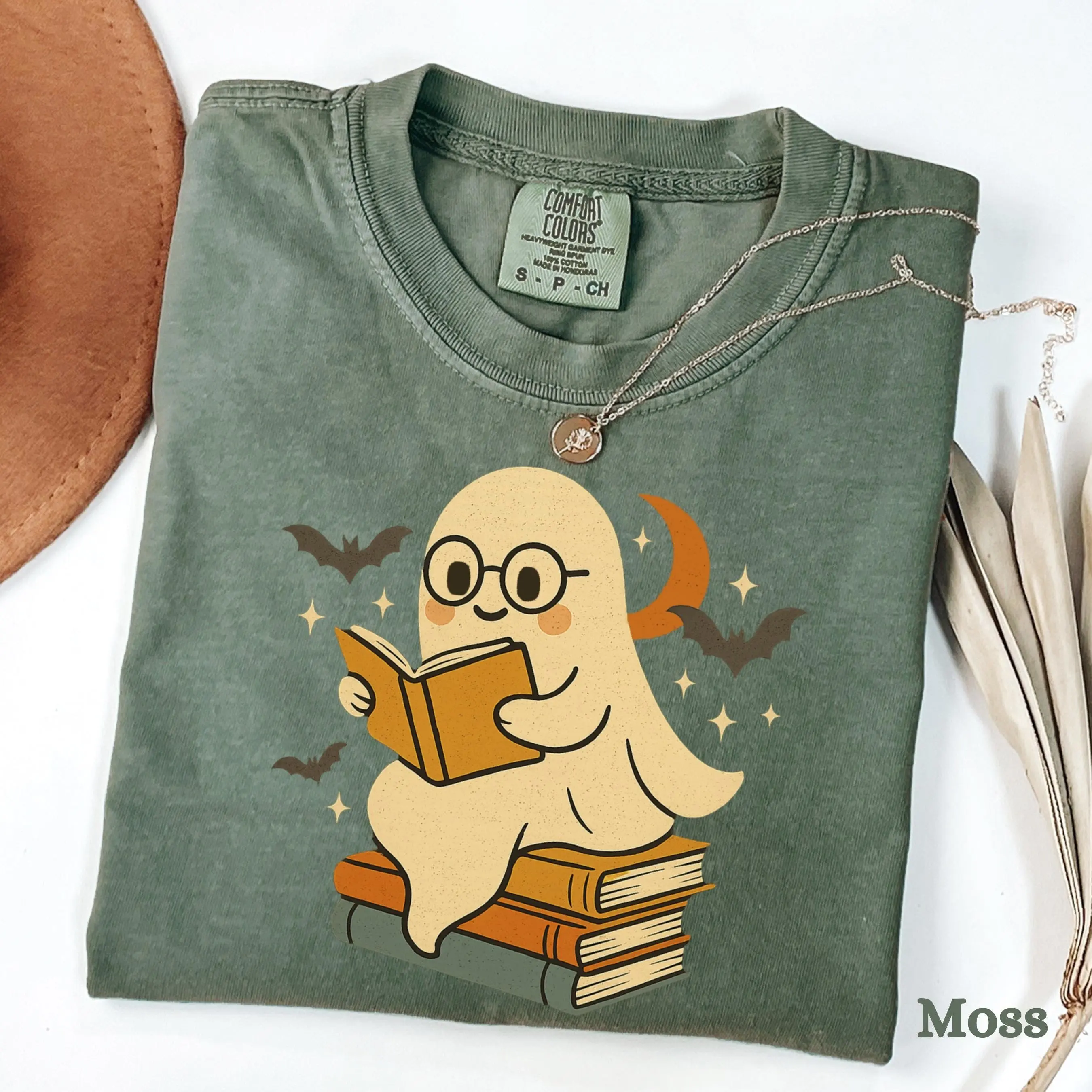 Comfort Colors Retro Ghost Reading Books Shirt, Halloween Teacher Librarian Boo School Gift Tee - photo 5