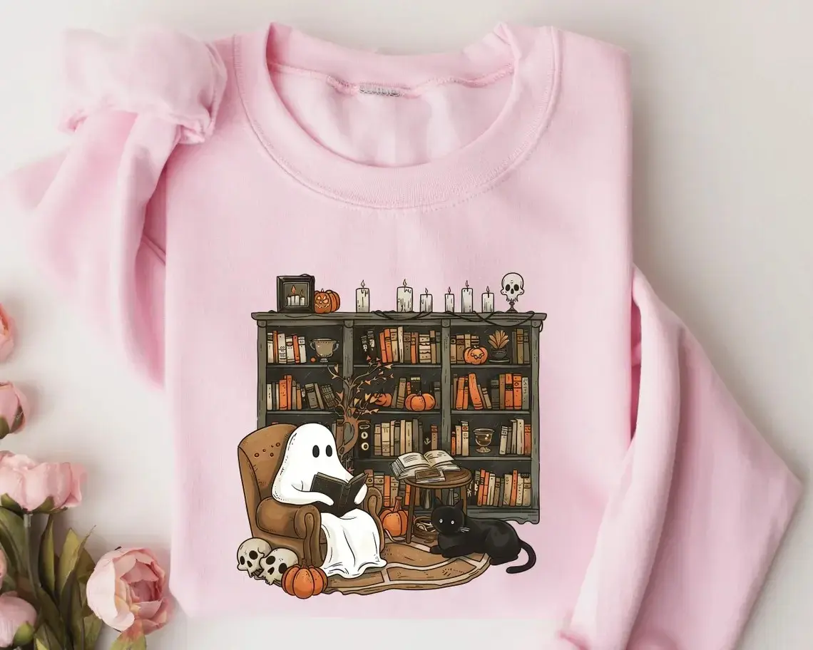 Retro Ghost Reading Books Shirt, Librarian Halloween Tee, Boo School Teacher Gift Top