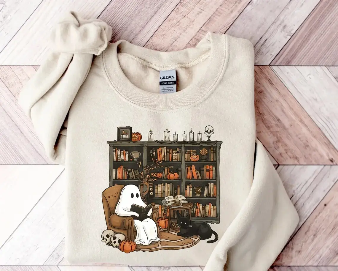 Retro Ghost Reading Books Shirt, Librarian Halloween Tee, Boo School Teacher Gift Top - photo 3