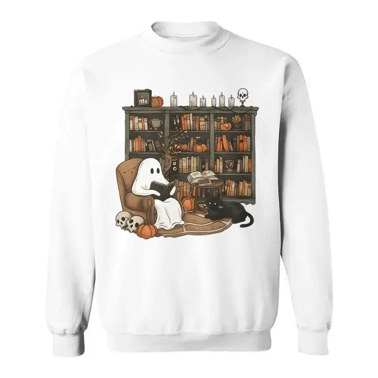 Retro Ghost Reading Books Shirt, Librarian Halloween Tee, Boo School Teacher Gift Top - photo 5