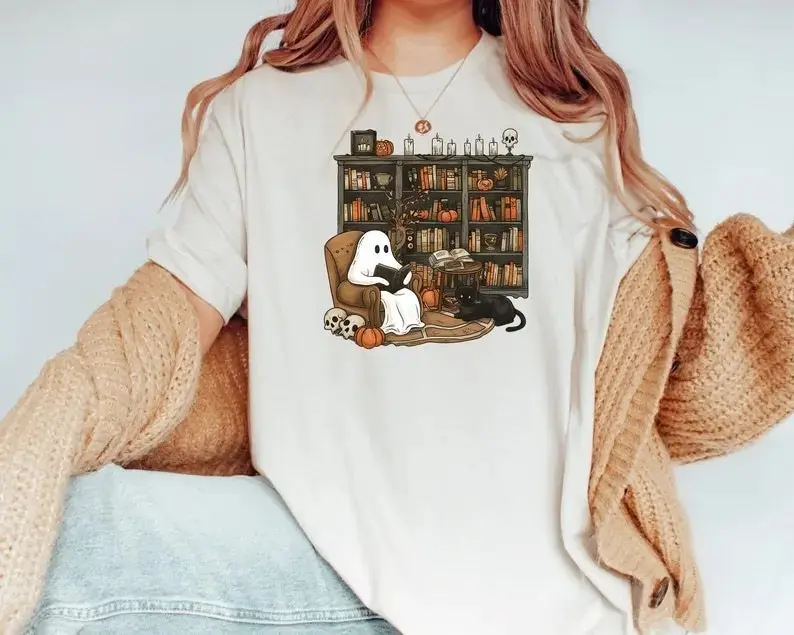 Retro Ghost Reading Books Shirt, Womens Halloween Librarian Tee, Boo School Teacher Gift, Casual Crewneck Cotton Comfort Fit Top - photo 2