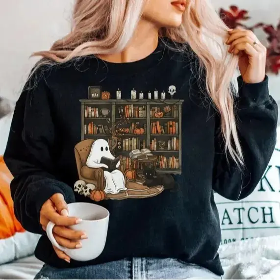 Retro Ghost Reading Books Sweatshirt, Librarian Halloween Crewneck, Boo School Teacher Gift Top - photo 2