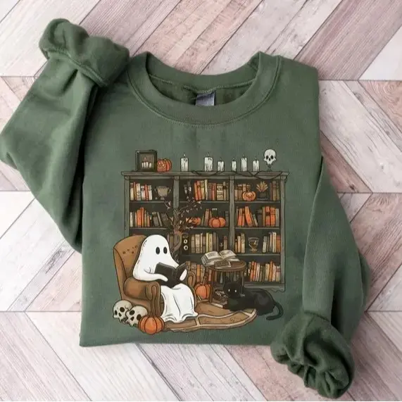 Retro Ghost Reading Books Sweatshirt, Librarian Halloween Crewneck, Boo School Teacher Gift Top - photo 4