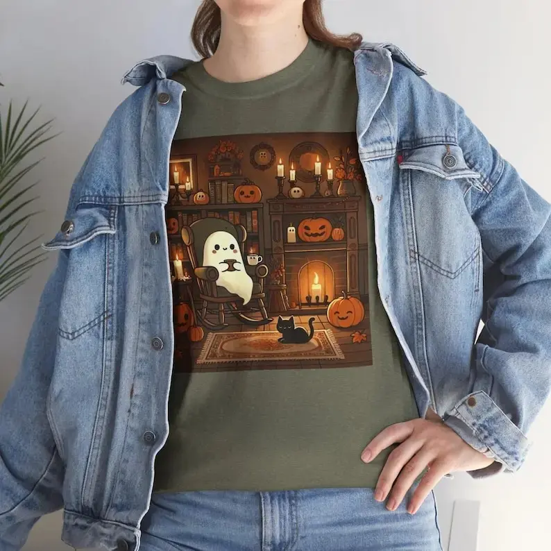 Retro Ghost Reading Books T-Shirt, Librarian Halloween Teacher Gift Tee, Boo School Funny Book Lover Top for Women - photo 3