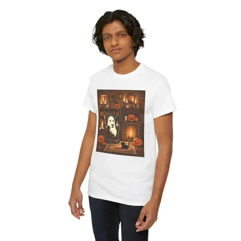 Retro Ghost Reading Books T-Shirt, Librarian Halloween Teacher Gift Tee, Boo School Funny Book Lover Top for Women - photo 4
