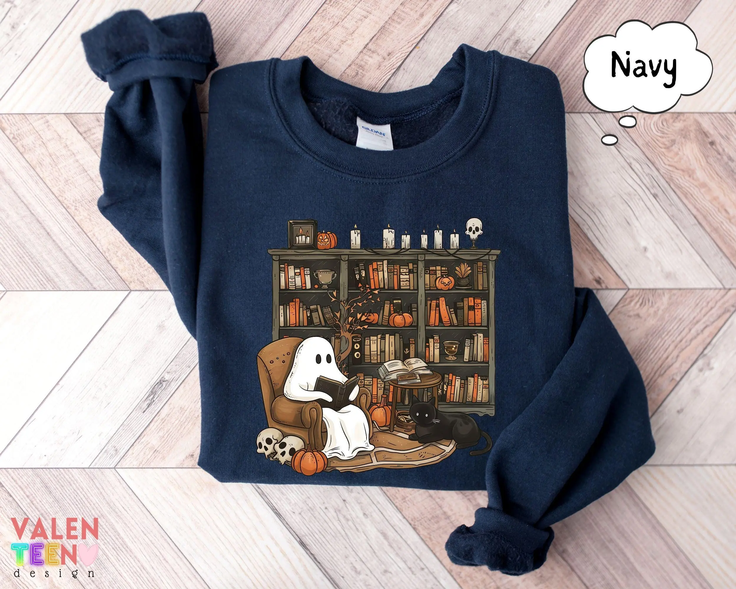 Retro Ghost Reading Hoodie, Halloween Librarian Teacher Gift, Cozy Book Lover Spooky Season Pullover - photo 4