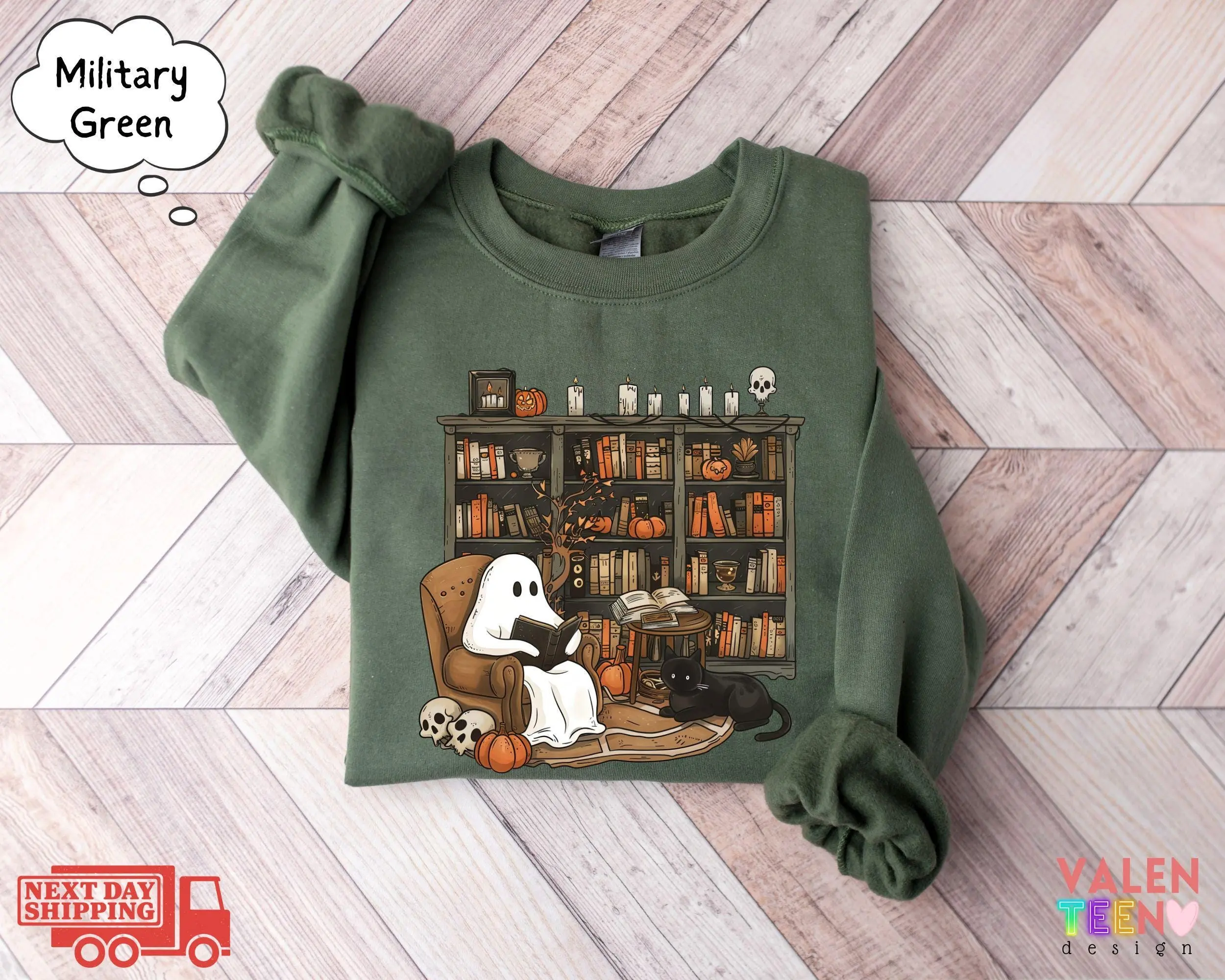 Retro Ghost Reading Sweatshirt, Halloween Librarian Teacher Gift, Cozy Book Lover Spooky Season Crewneck