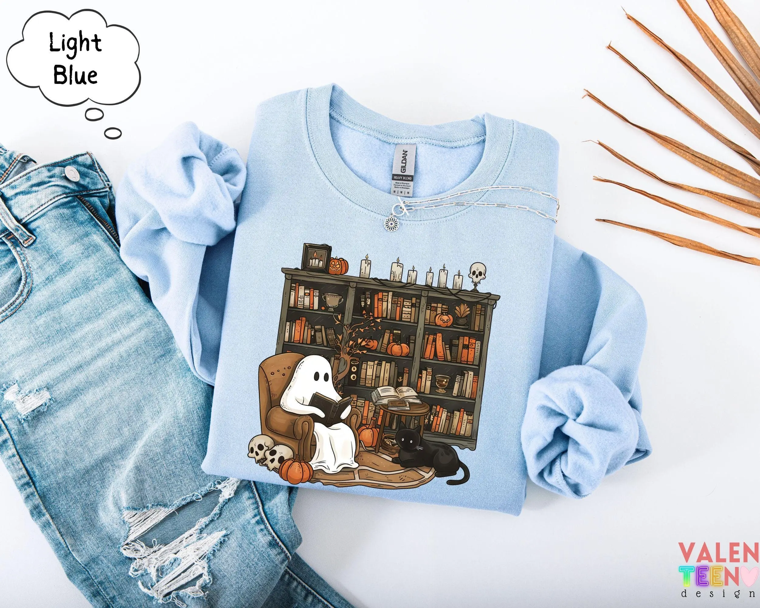 Retro Ghost Reading Sweatshirt, Halloween Librarian Teacher Gift, Cozy Book Lover Spooky Season Crewneck - photo 5