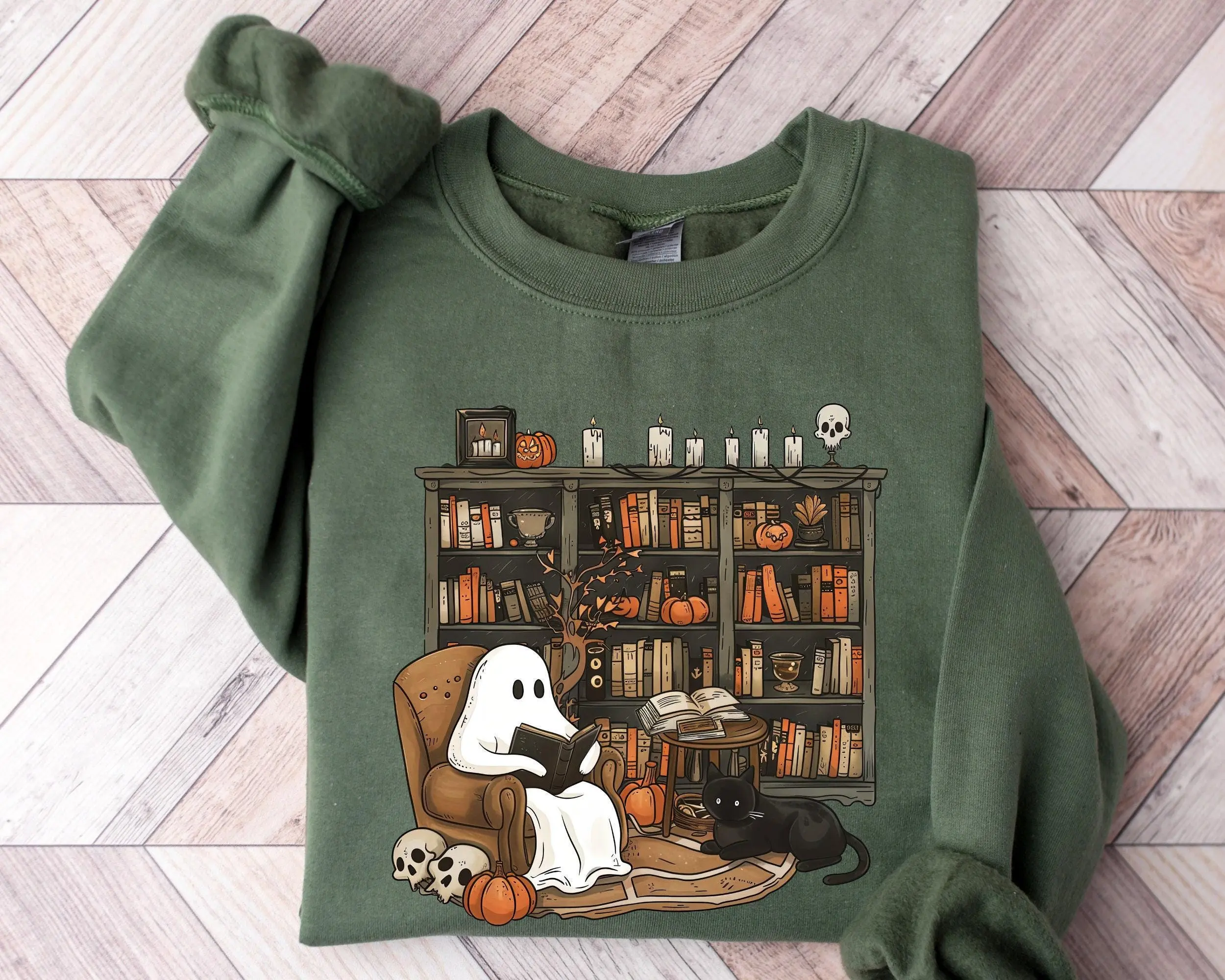 Retro Ghost Reading Sweatshirt, Vintage Book Halloween Librarian Teacher Gift Cute Fall Crewneck Pullover - photo 1