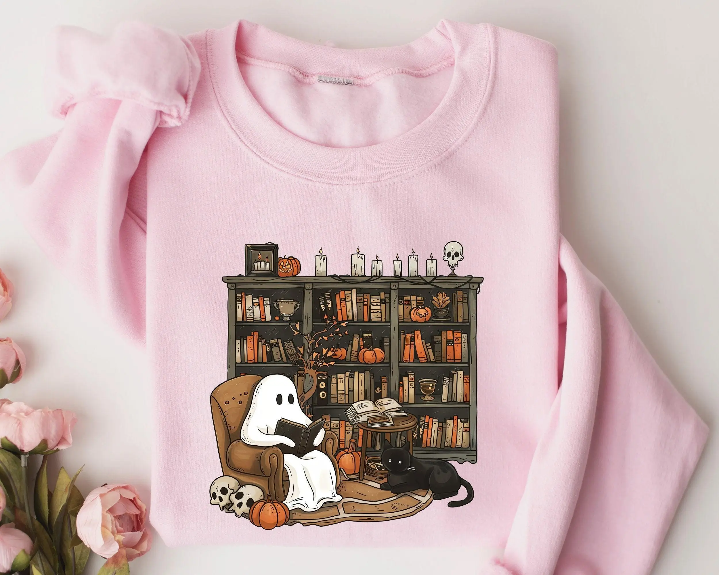 Retro Ghost Reading Sweatshirt, Vintage Book Halloween Librarian Teacher Gift Cute Fall Crewneck Pullover - photo 3