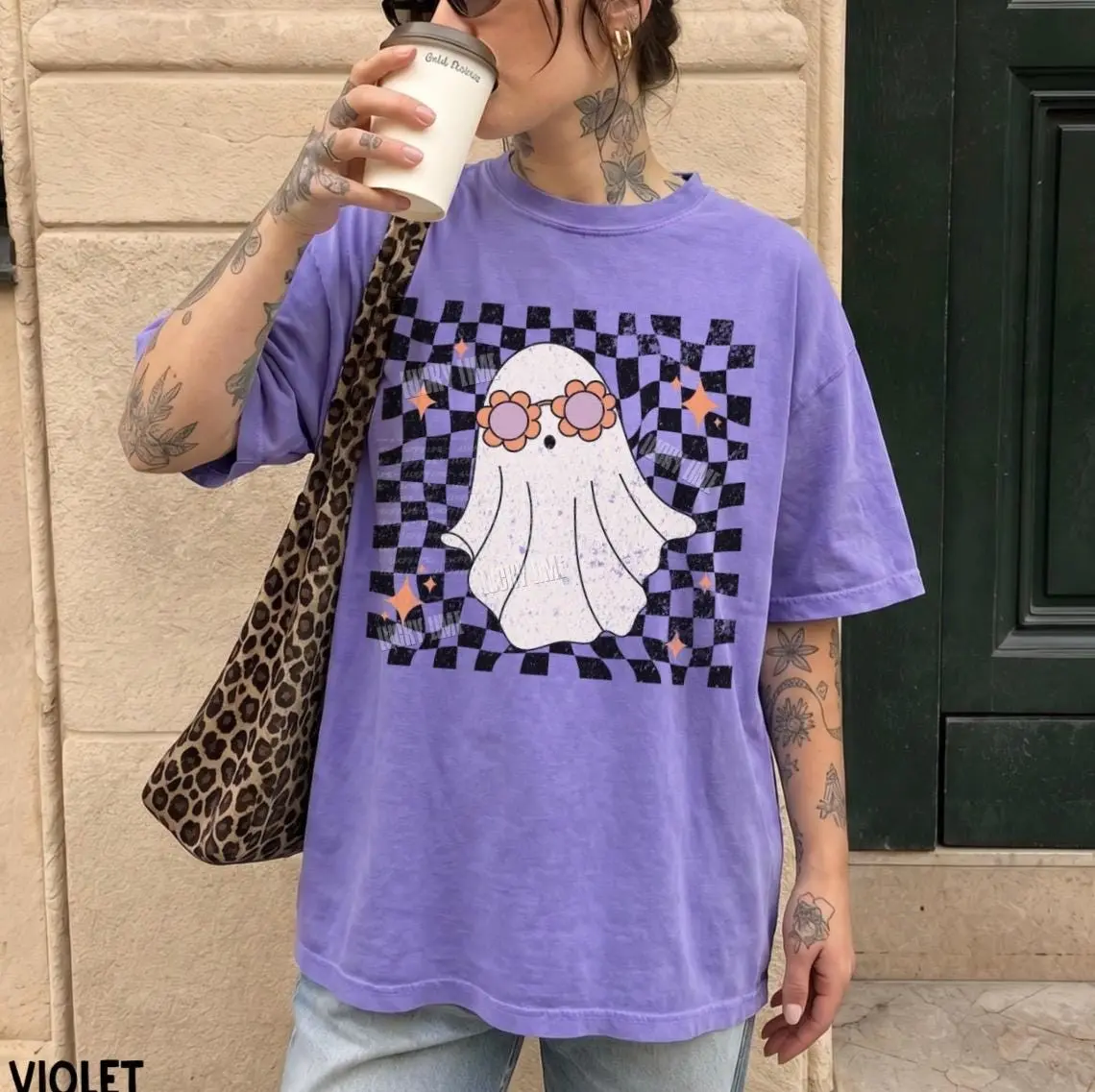 Retro Ghost Shirt, Groovy Trendy Halloween Tee, Cute Checkered Spooky Season Comfort Colors T-Shirt - photo 2
