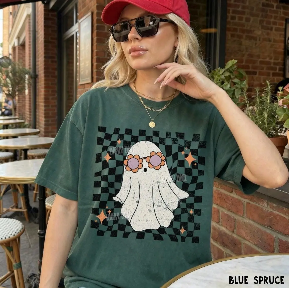 Retro Ghost Shirt, Groovy Trendy Halloween Tee, Cute Checkered Spooky Season Comfort Colors T-Shirt - photo 3